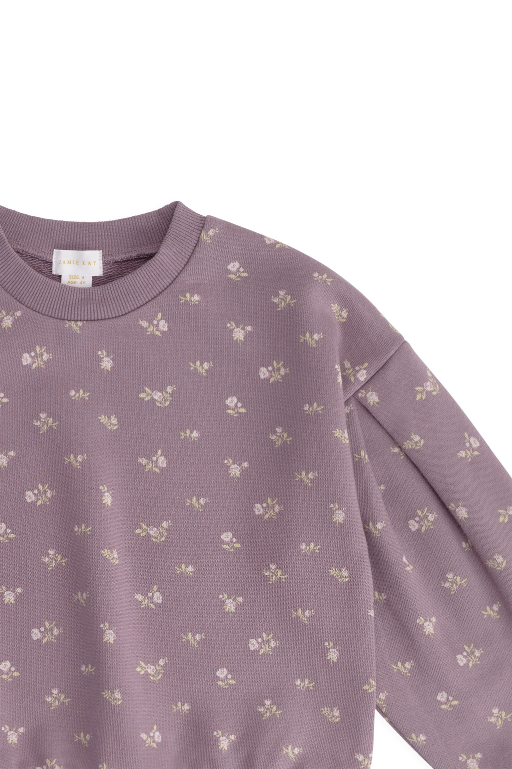 Sweat-shirt décontracté en coton biologique motif floral prune, col rond et poignets côtelés