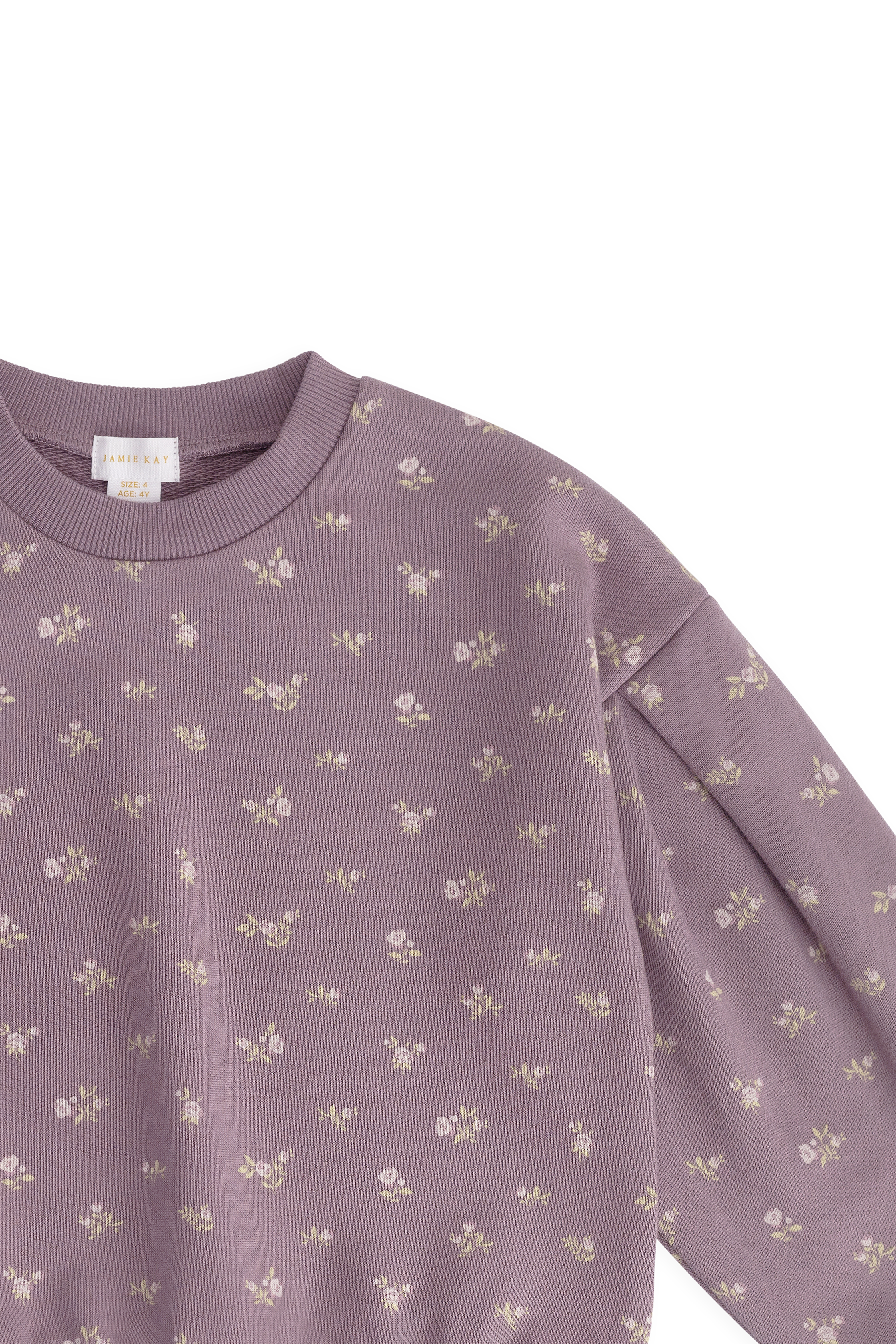 Sweat-shirt décontracté en coton biologique motif floral prune, col rond et poignets côtelés