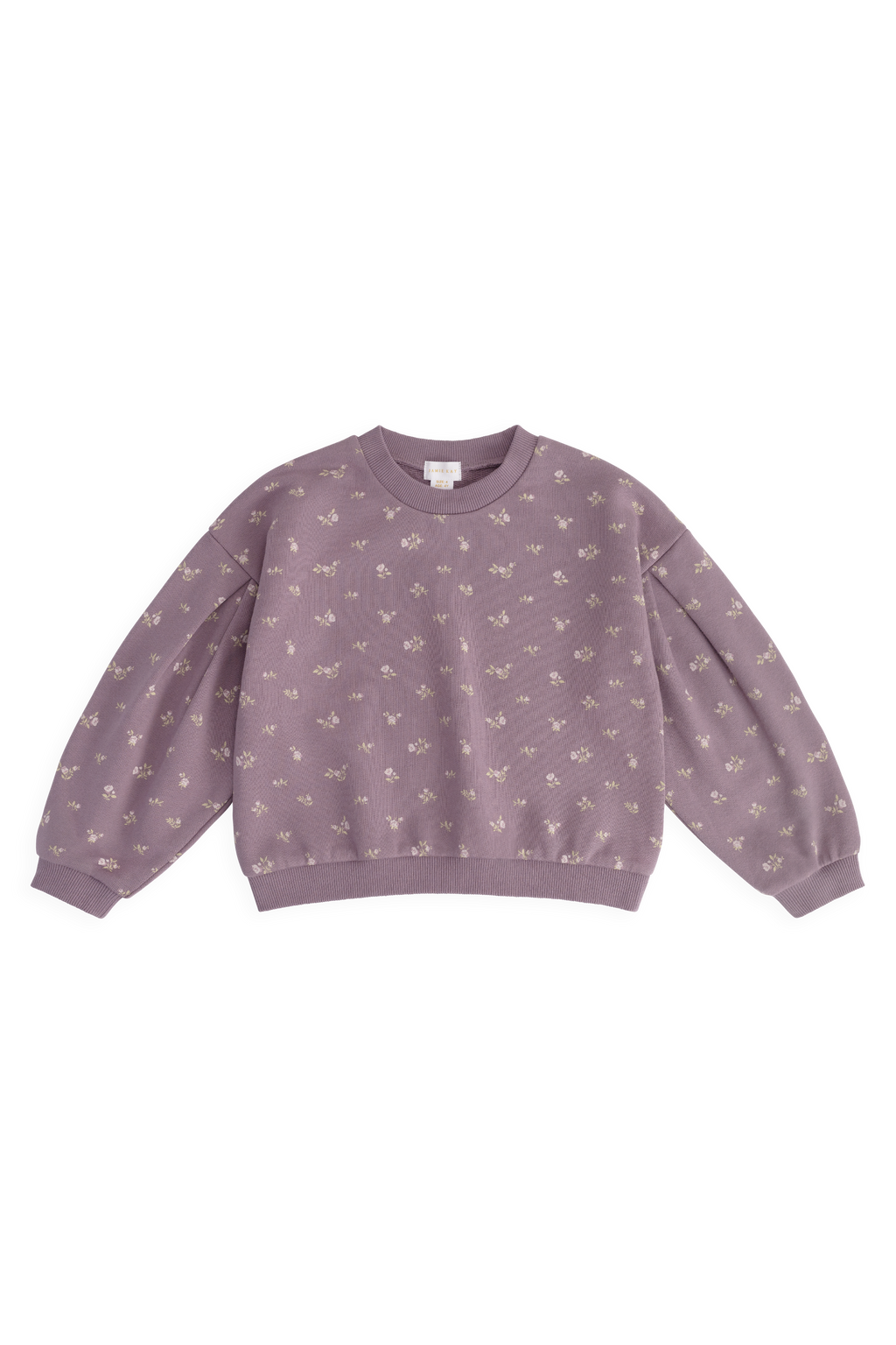 Sweat-shirt décontracté en coton biologique motif floral prune, col rond et poignets côtelés