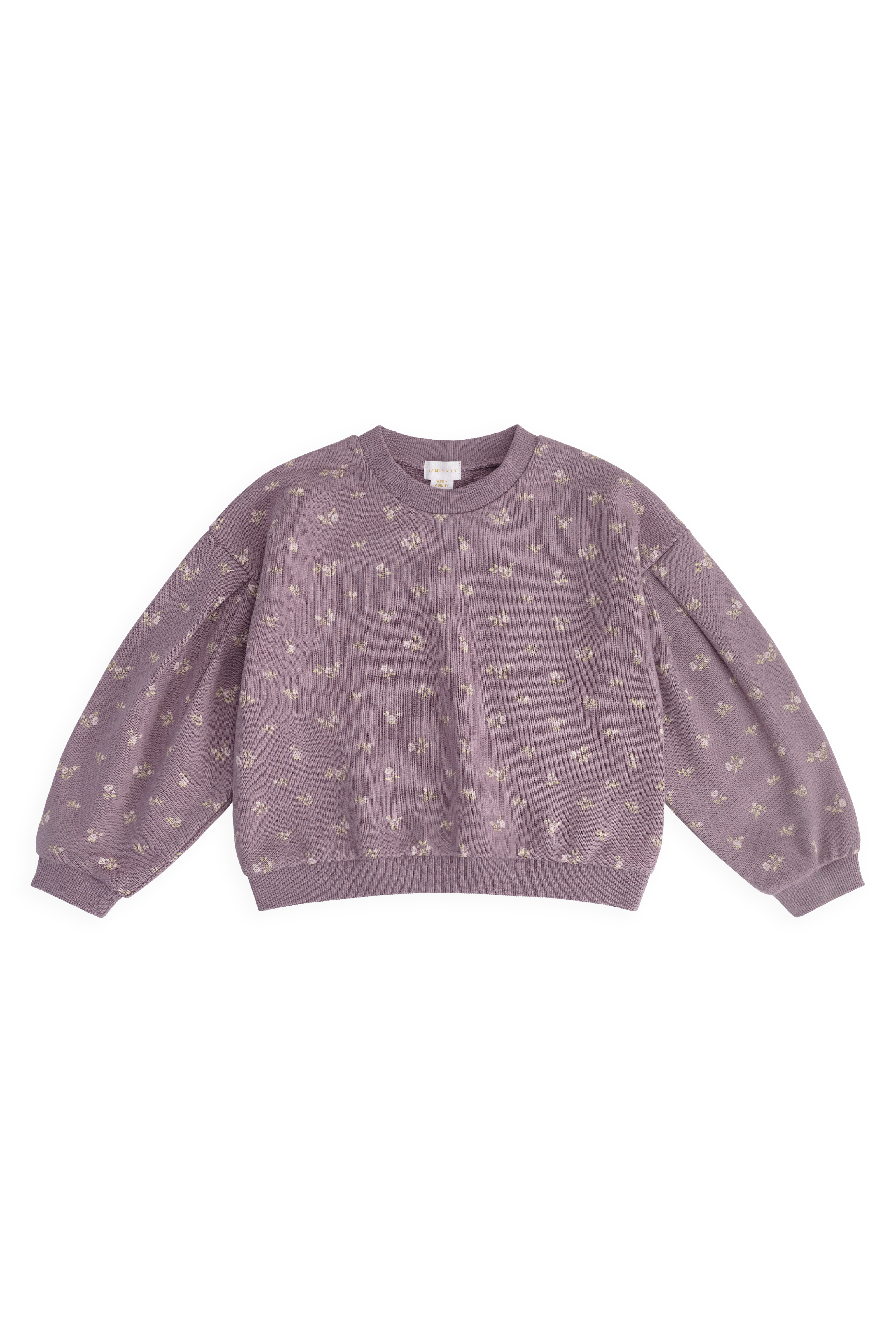 Sweat-shirt décontracté en coton biologique motif floral prune, col rond et poignets côtelés