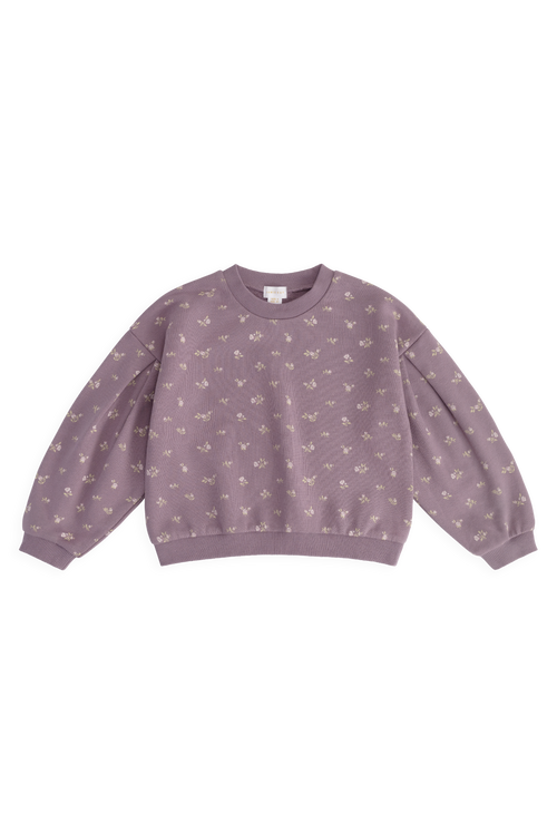 Sweat-shirt décontracté en coton biologique motif floral prune, col rond et poignets côtelés