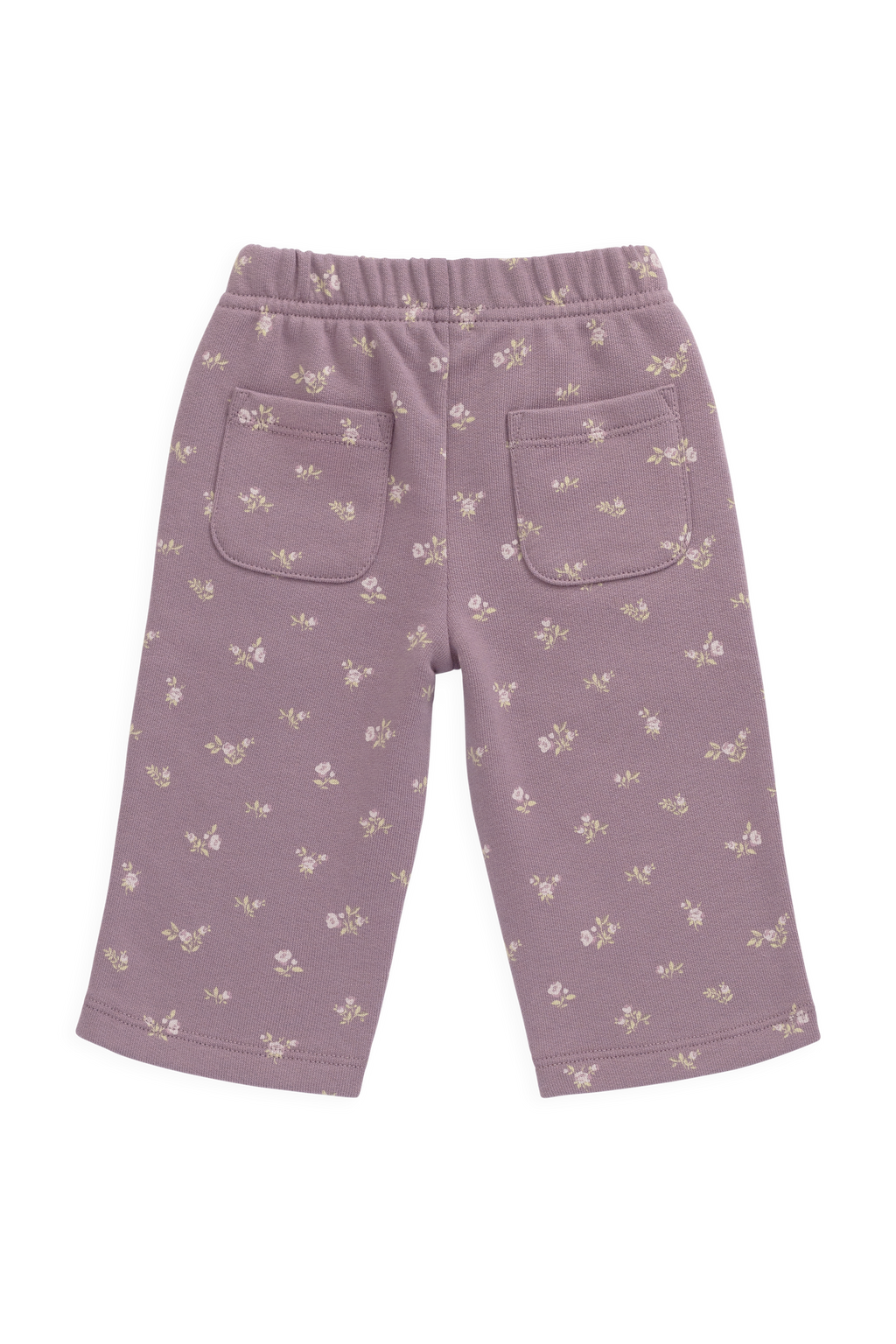 Pantalon décontracté en coton biologique avec imprimé floral prune, taille élastique et nœud