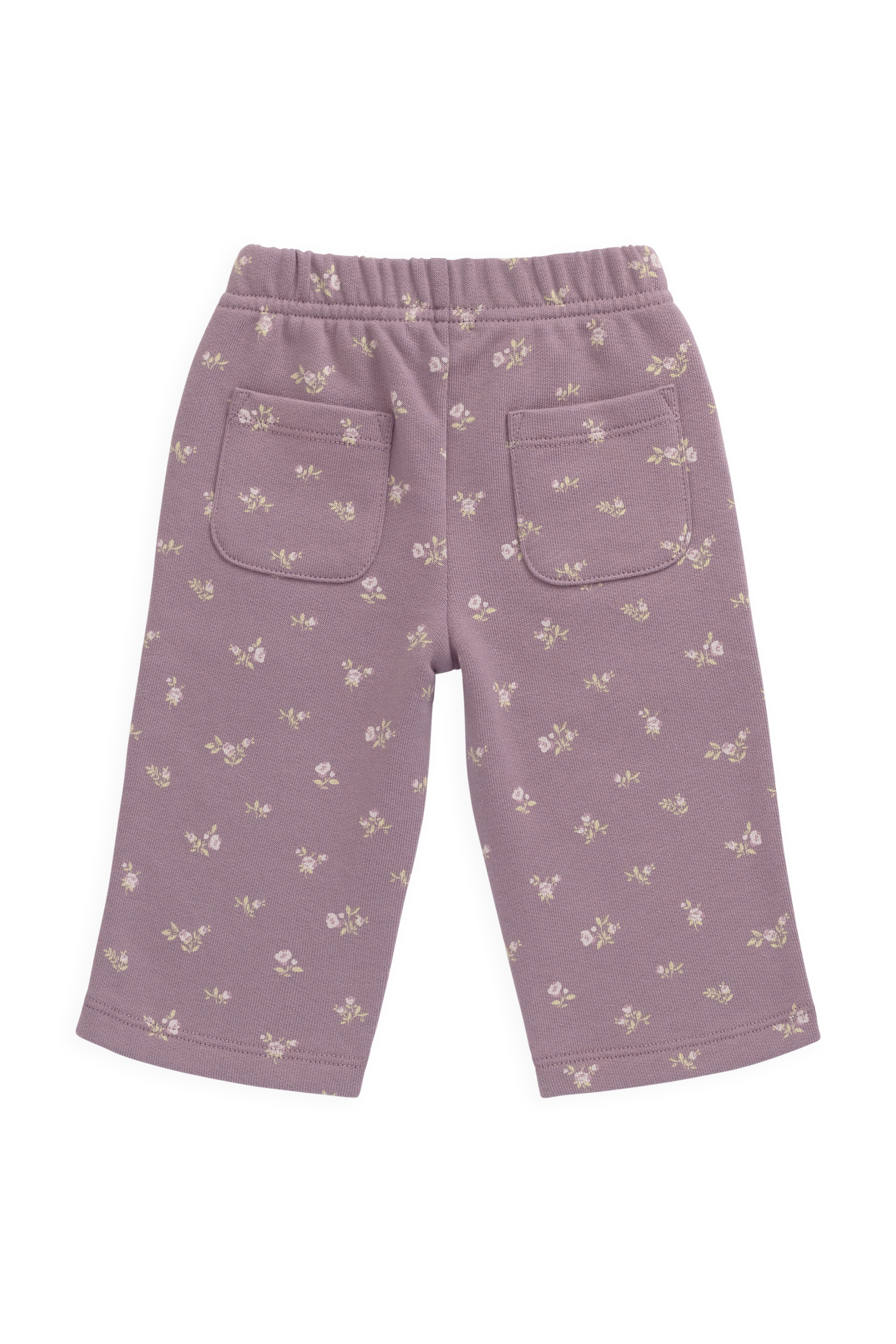 Pantalon décontracté en coton biologique avec imprimé floral prune, taille élastique et nœud