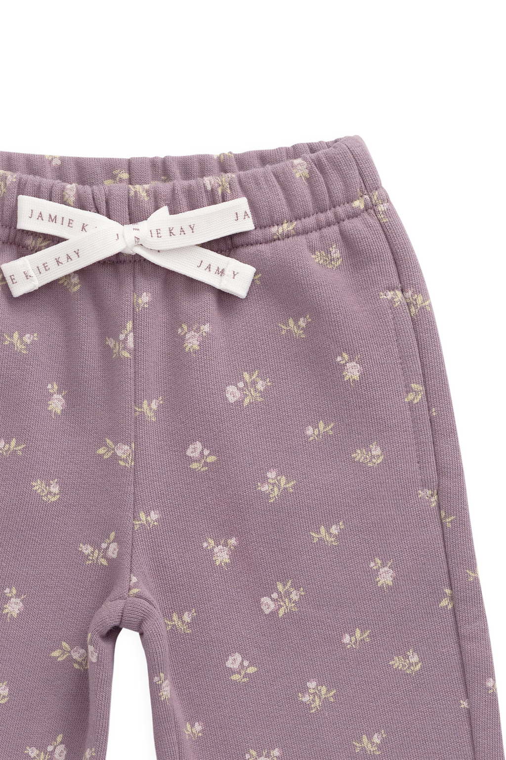 Pantalon décontracté en coton biologique avec imprimé floral prune, taille élastique et nœud
