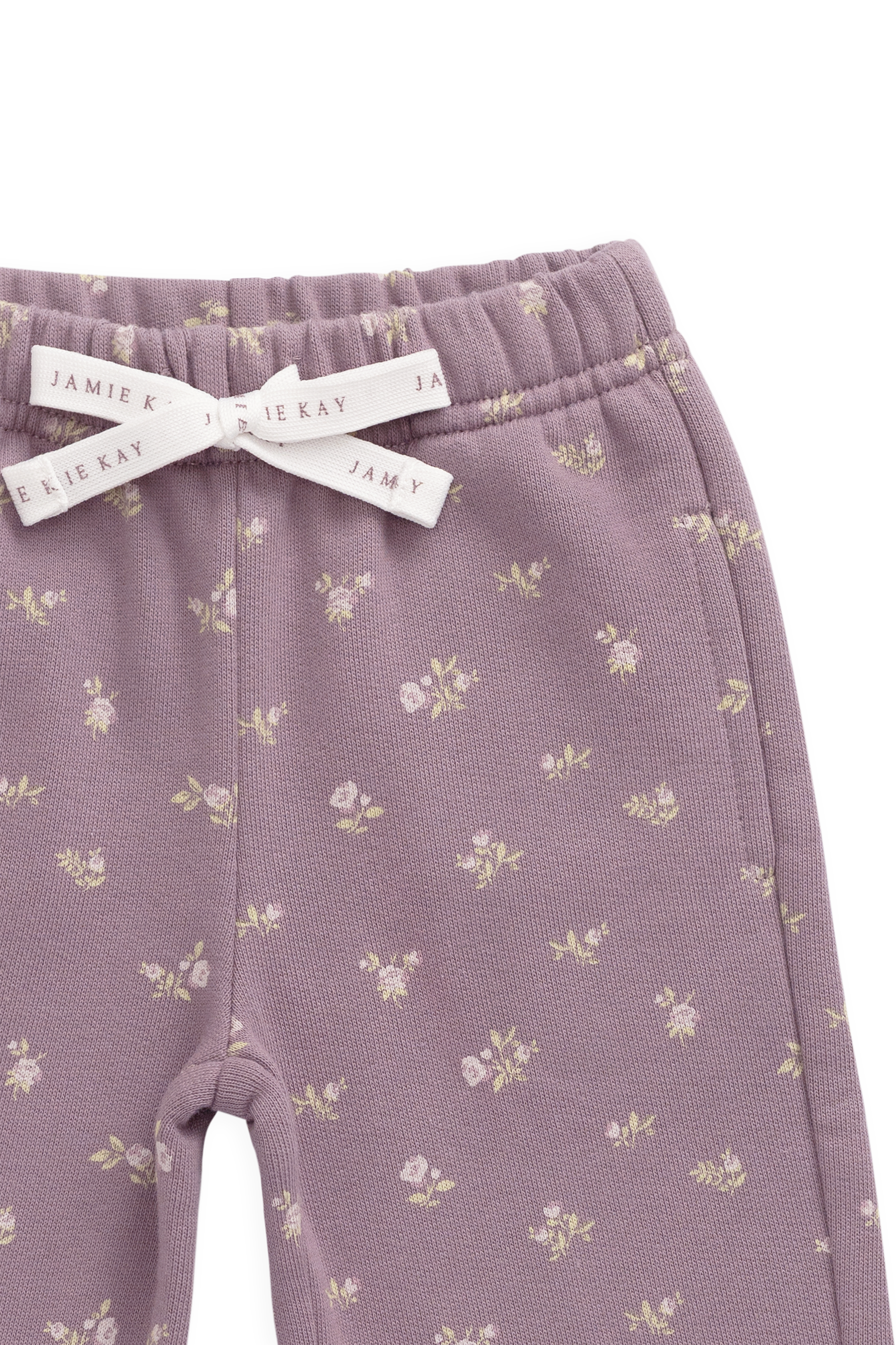 Pantalon décontracté en coton biologique avec imprimé floral prune, taille élastique et nœud