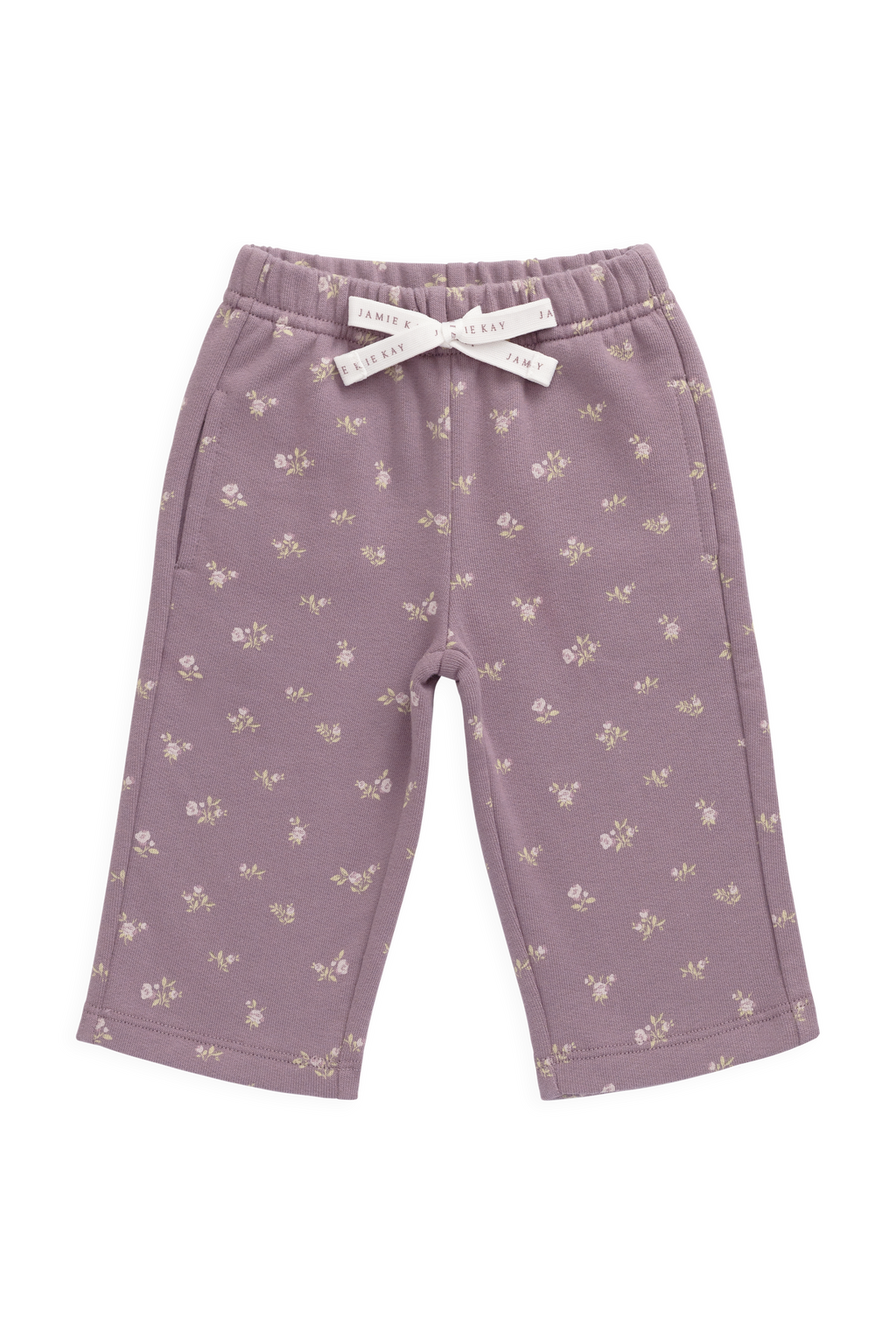 Pantalon décontracté en coton biologique avec imprimé floral prune, taille élastique et nœud