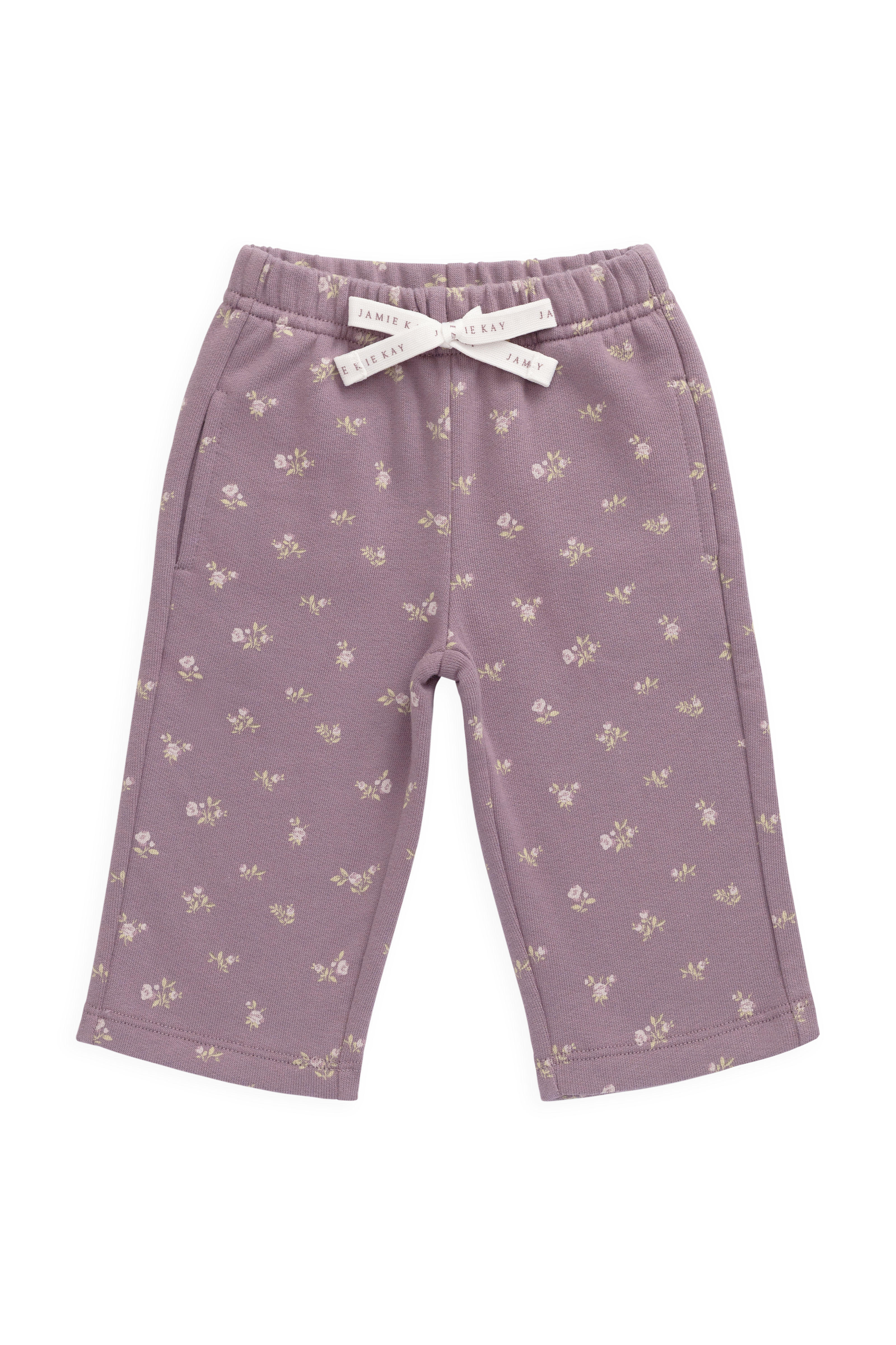 Pantalon décontracté en coton biologique avec imprimé floral prune, taille élastique et nœud