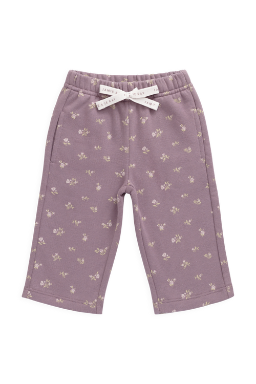 Pantalon décontracté en coton biologique avec imprimé floral prune, taille élastique et nœud