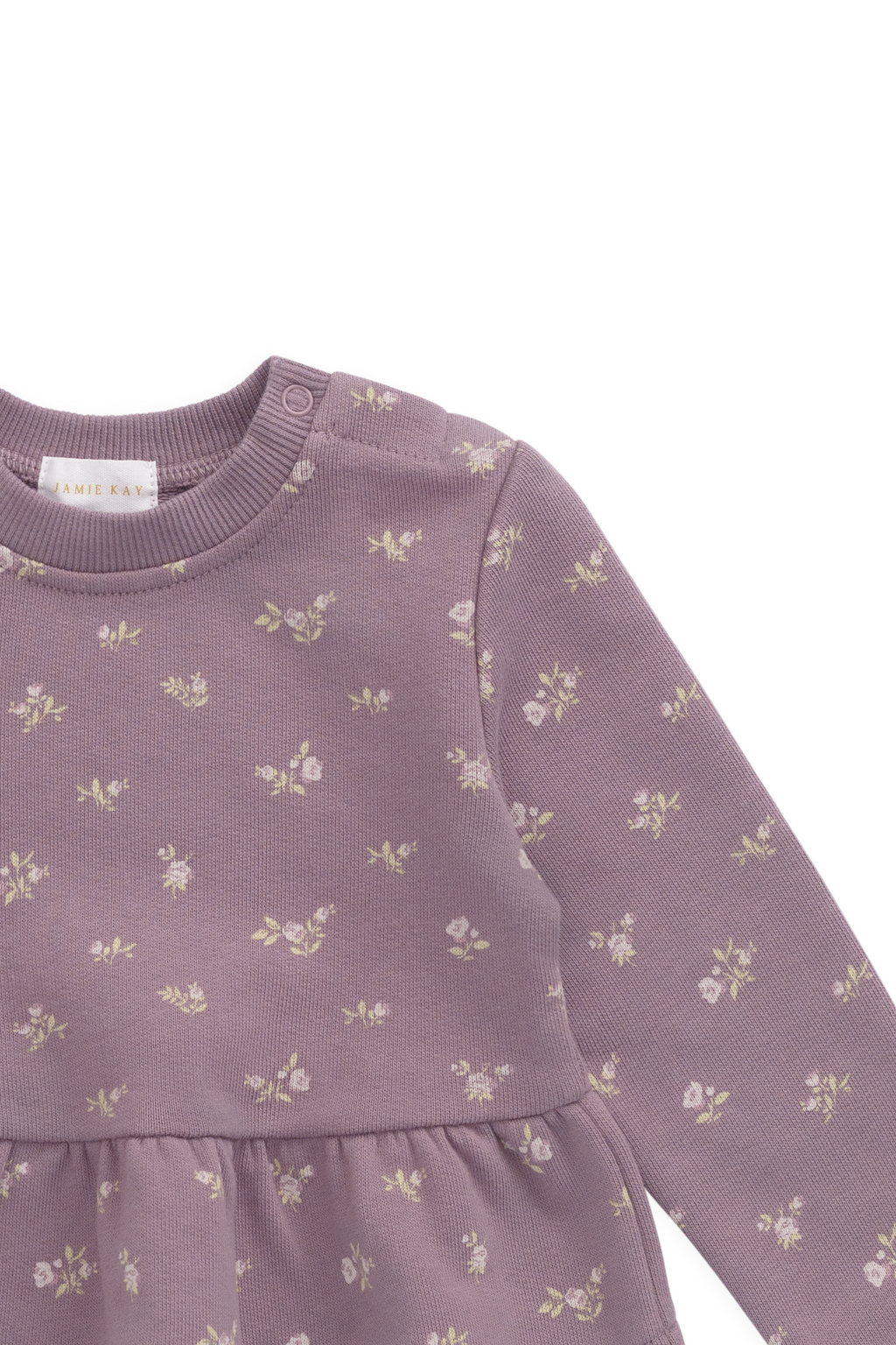 Sweat-shirt décontracté en coton biologique motif floral prune, avec col rond et taille froncée