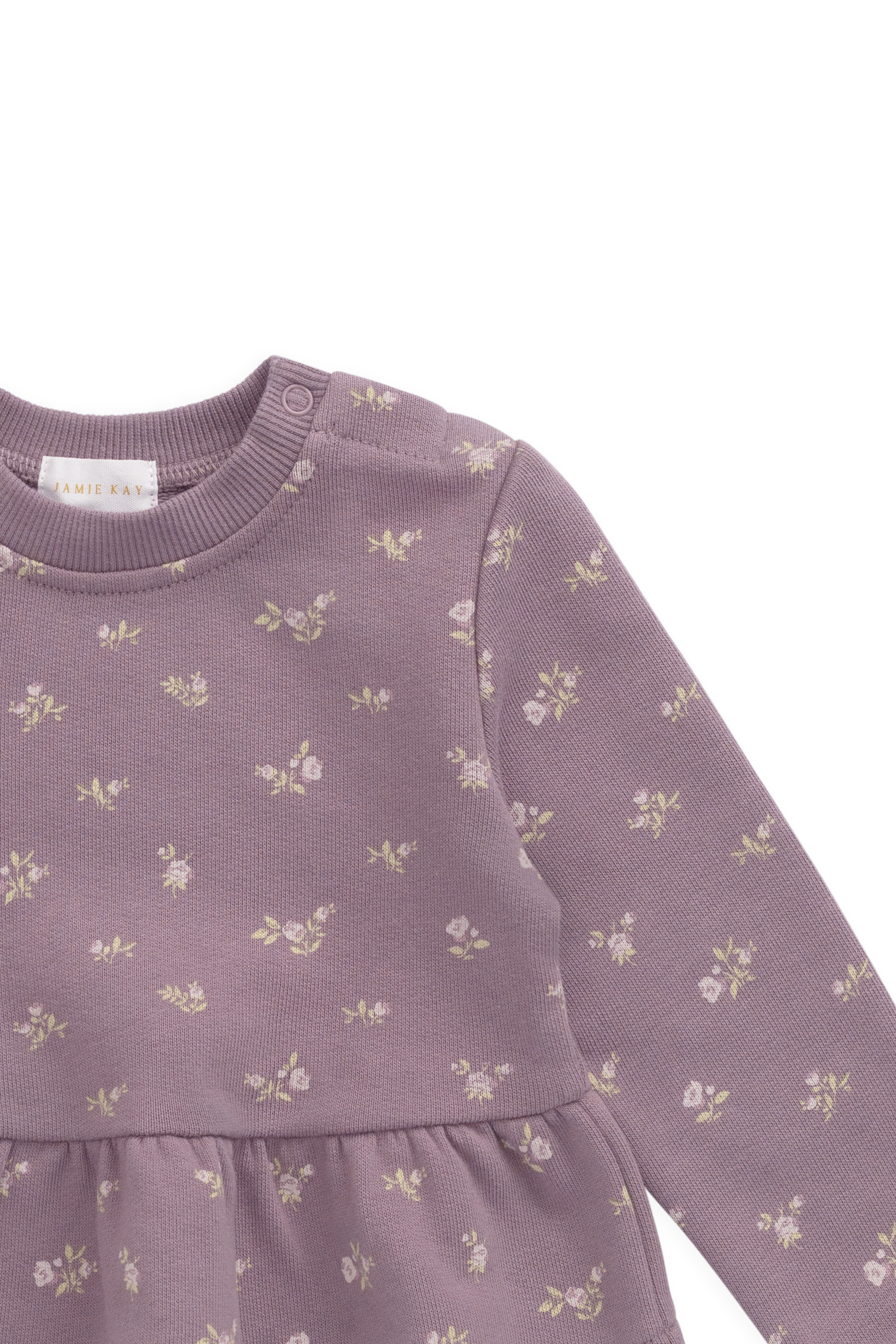 Sweat-shirt décontracté en coton biologique motif floral prune, avec col rond et taille froncée