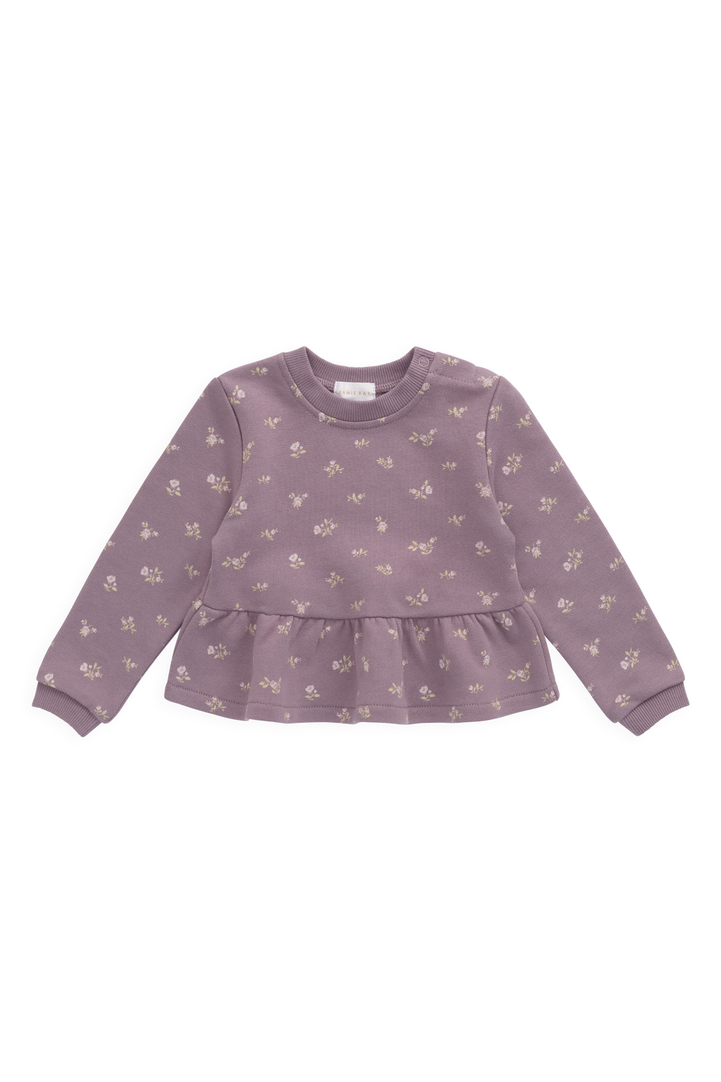 Sweat-shirt décontracté en coton biologique motif floral prune, avec col rond et taille froncée