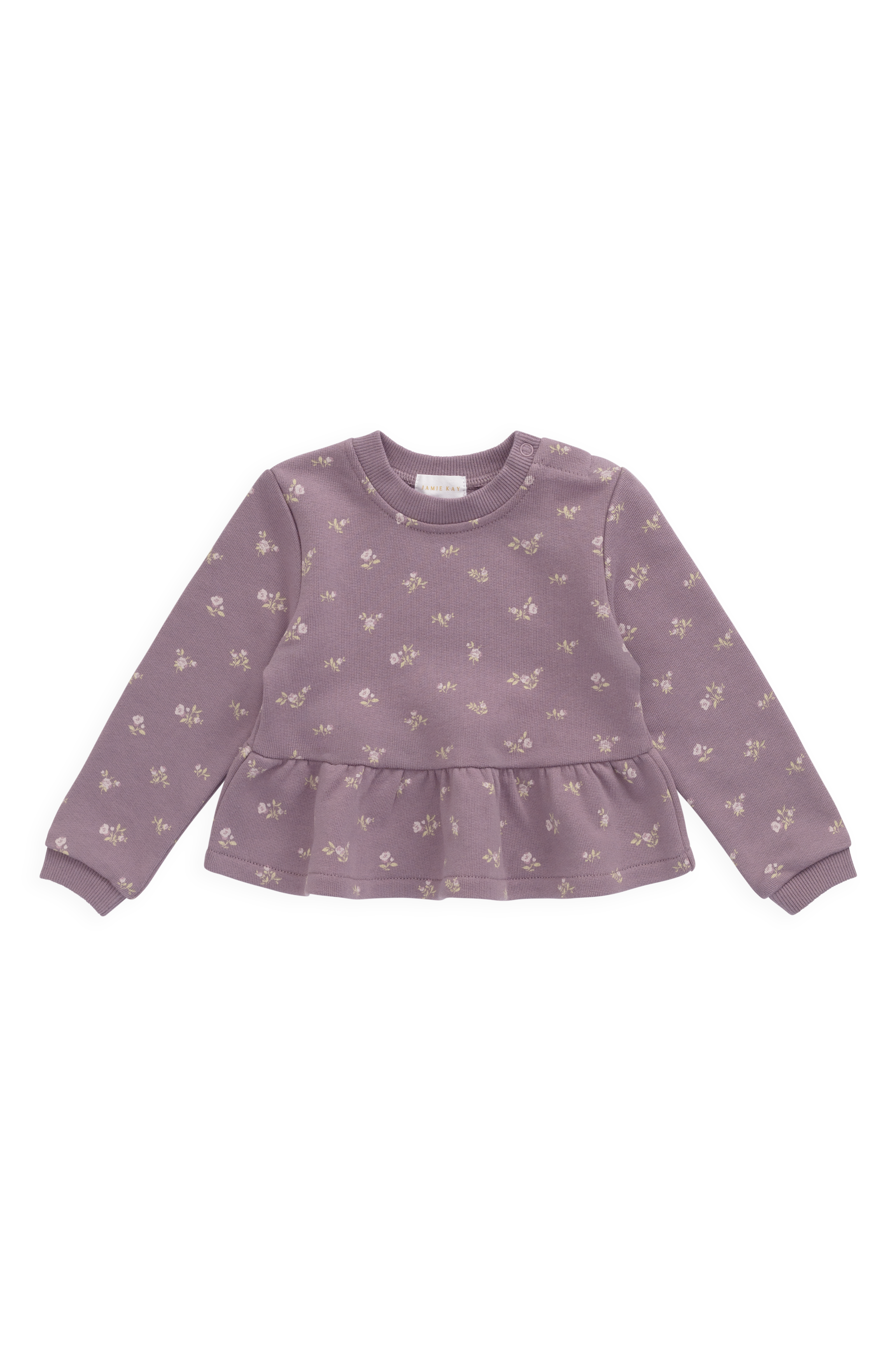 Sweat-shirt décontracté en coton biologique motif floral prune, avec col rond et taille froncée