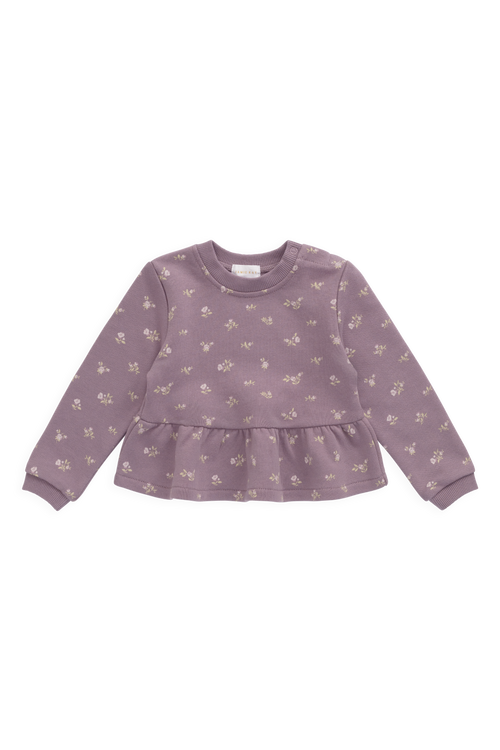 Sweat-shirt décontracté en coton biologique motif floral prune, avec col rond et taille froncée
