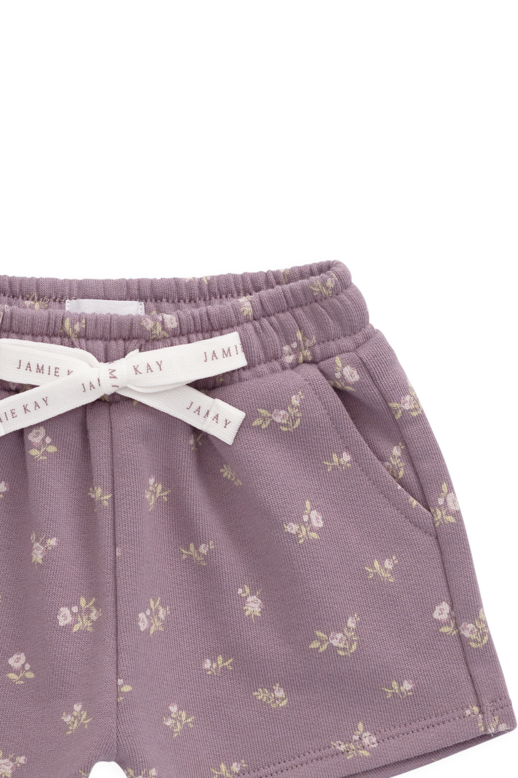 Short décontracté en coton biologique à imprimé floral prune avec taille élastiquée et nœud