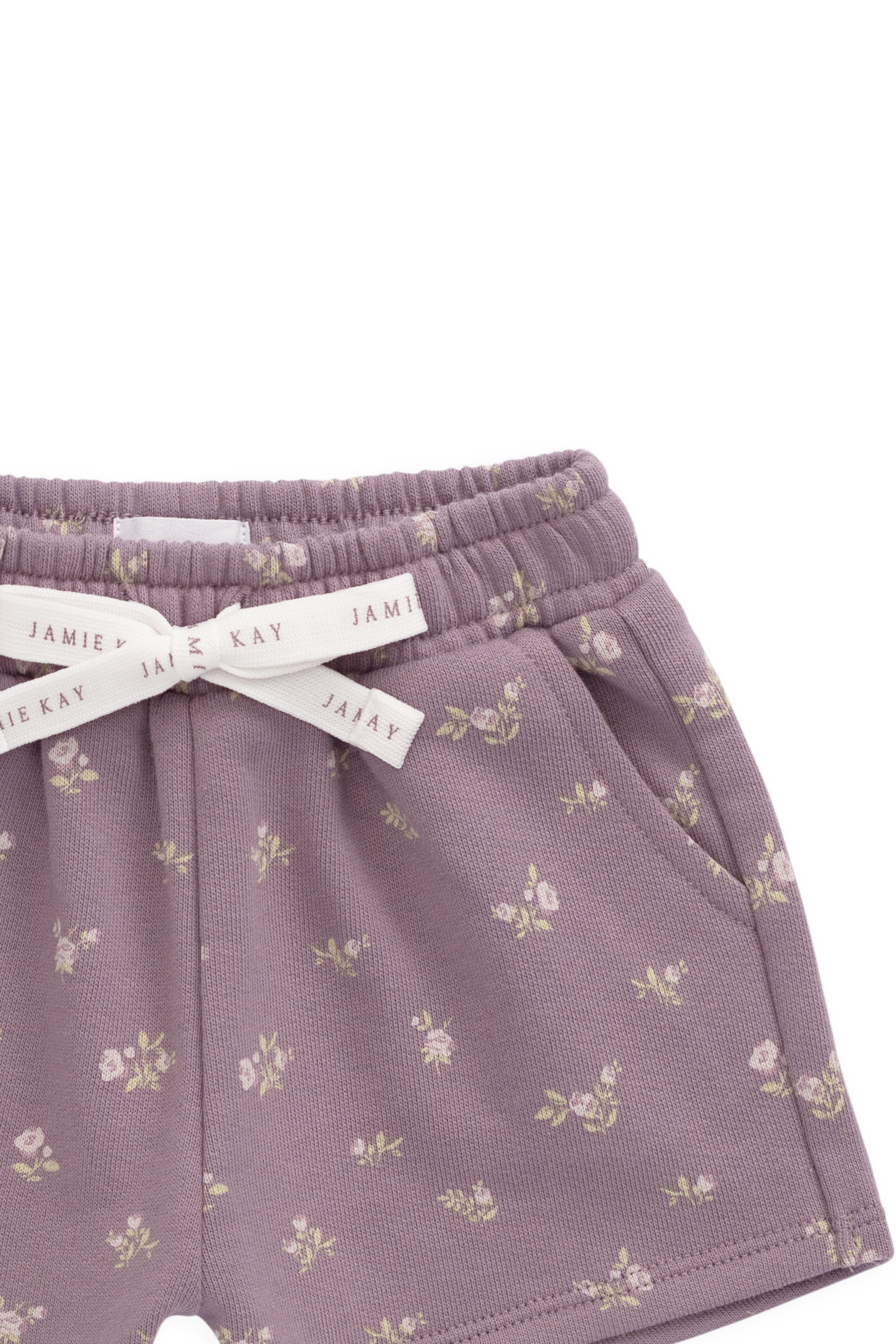 Short décontracté en coton biologique à imprimé floral prune avec taille élastiquée et nœud
