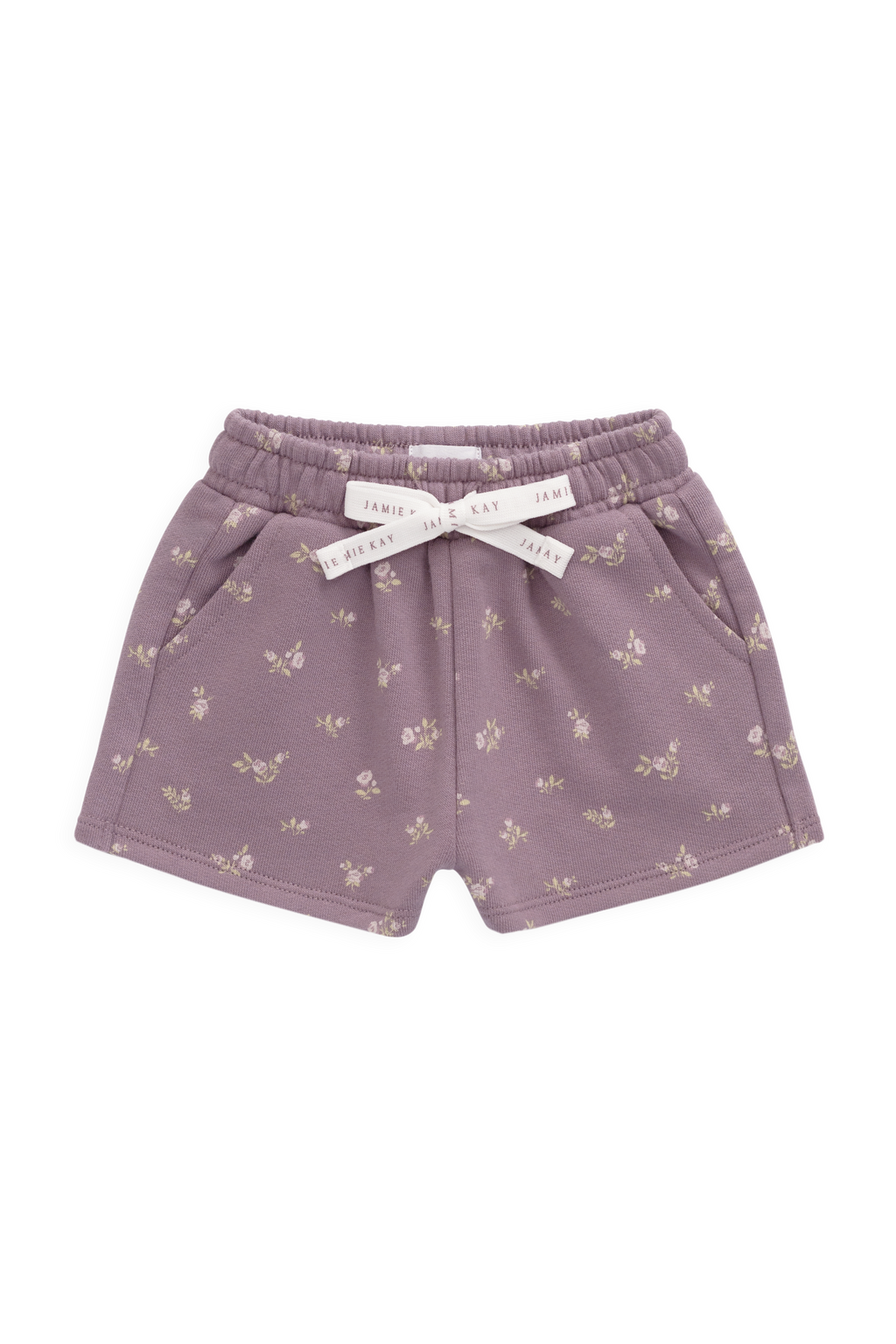 Short décontracté en coton biologique à imprimé floral prune avec taille élastiquée et nœud