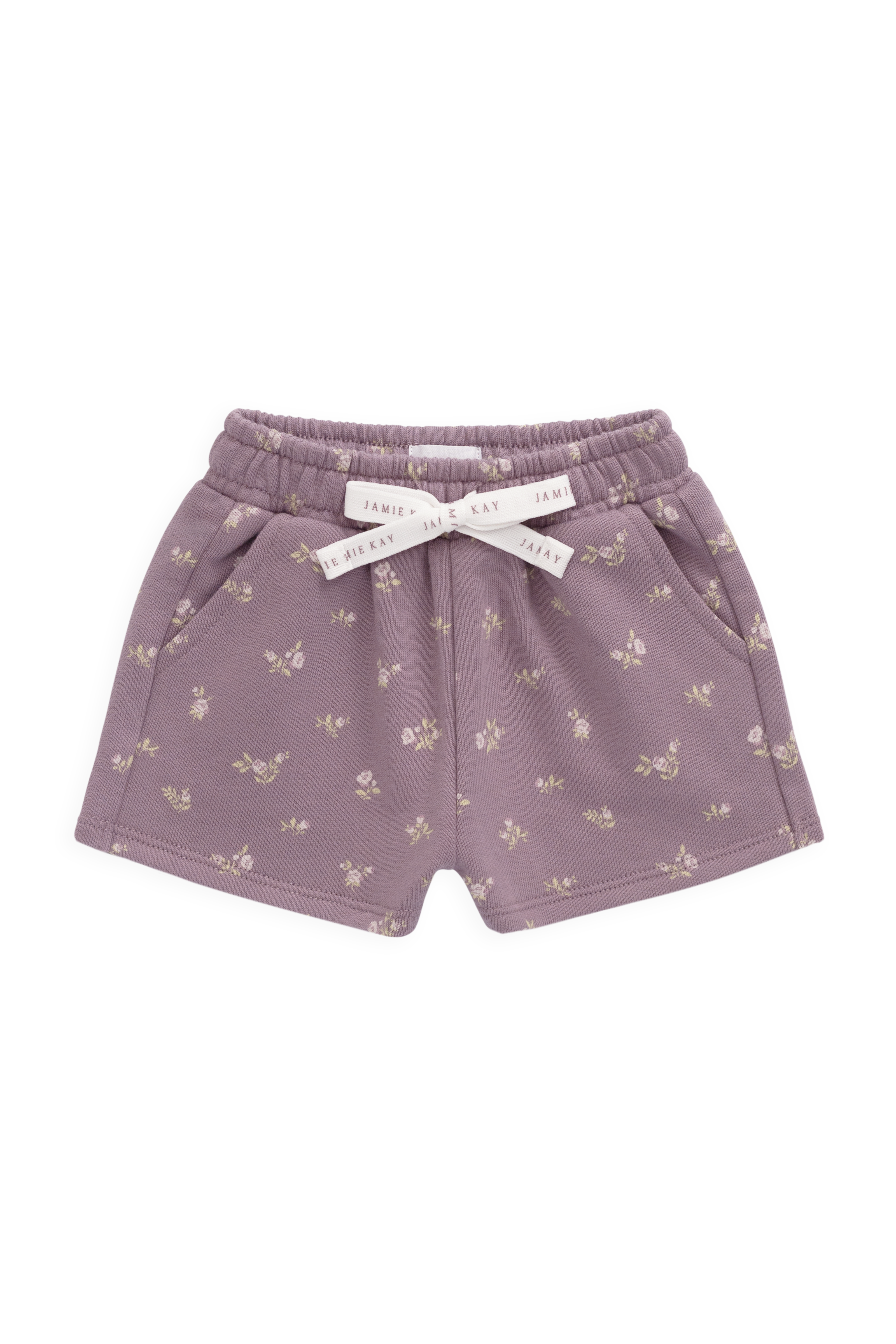 Short décontracté en coton biologique à imprimé floral prune avec taille élastiquée et nœud