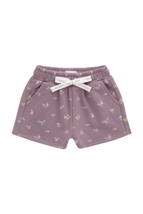 Short décontracté en coton biologique à imprimé floral prune avec taille élastiquée et nœud