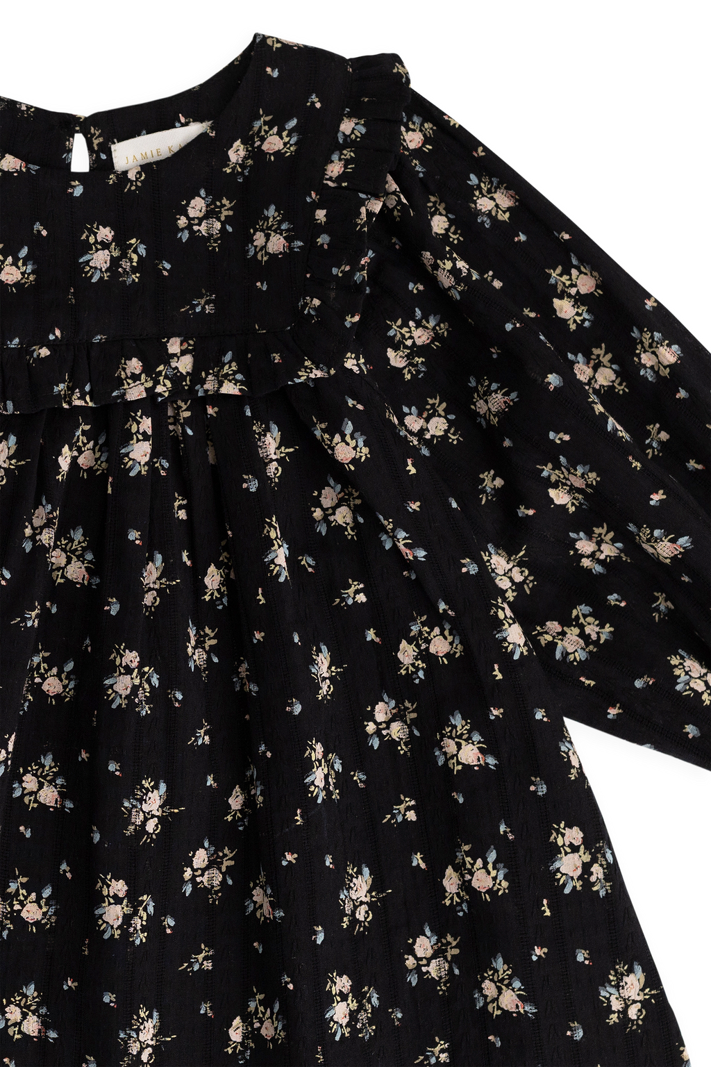 Robe en coton biologique noir à fleurs vintage avec empiècement à volants et manches longues