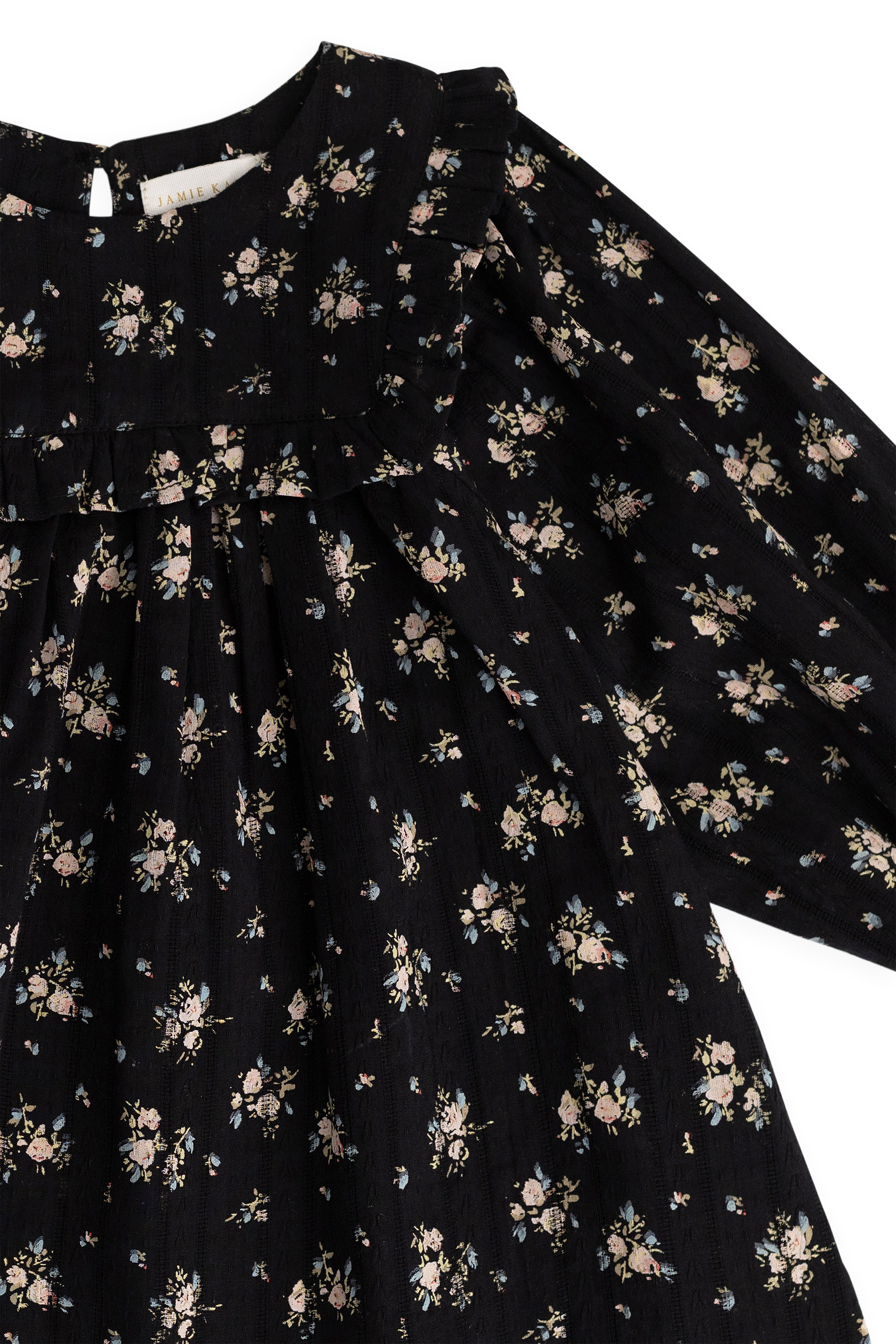 Robe en coton biologique noir à fleurs vintage avec empiècement à volants et manches longues