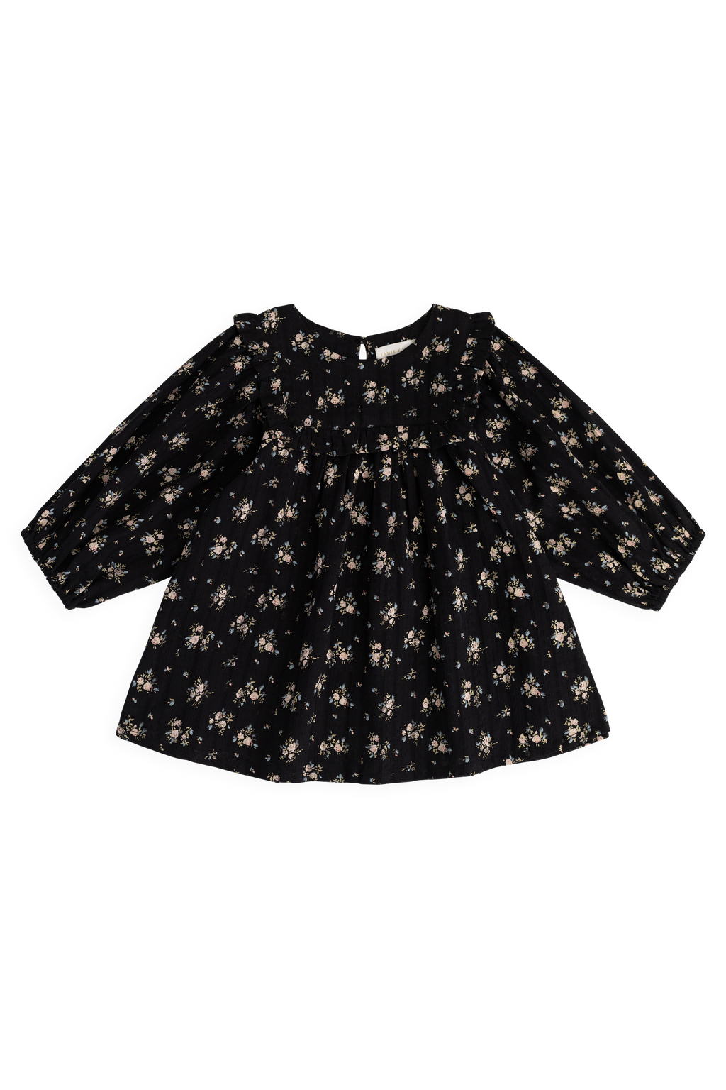 Robe en coton biologique noir à fleurs vintage avec empiècement à volants et manches longues