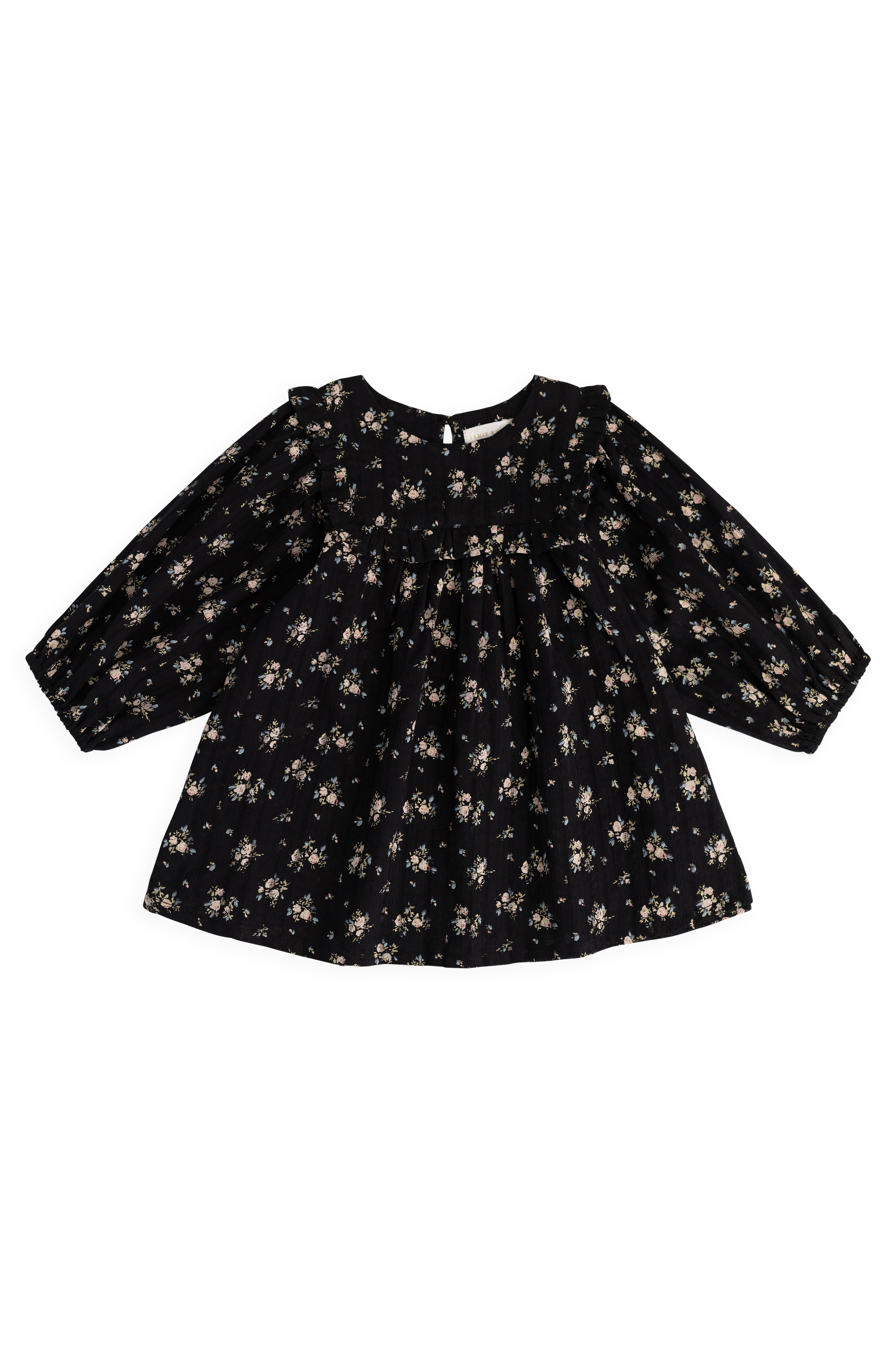 Robe en coton biologique noir à fleurs vintage avec empiècement à volants et manches longues