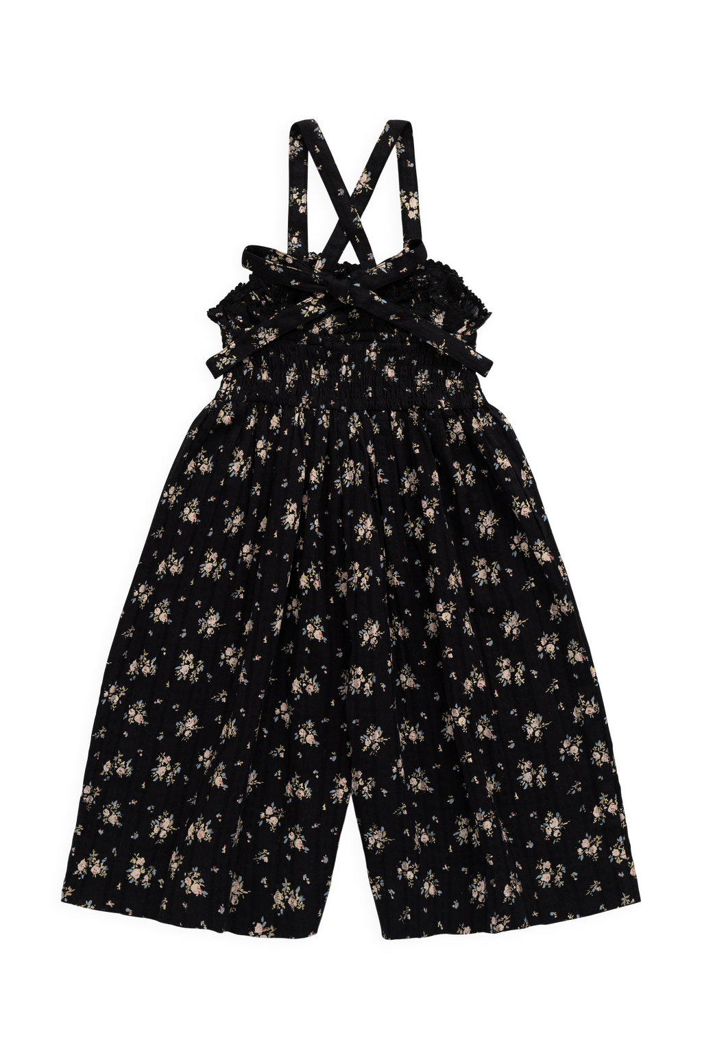 Combinaison noire en coton bio à imprimé floral vintage avec buste smocké et jambes larges