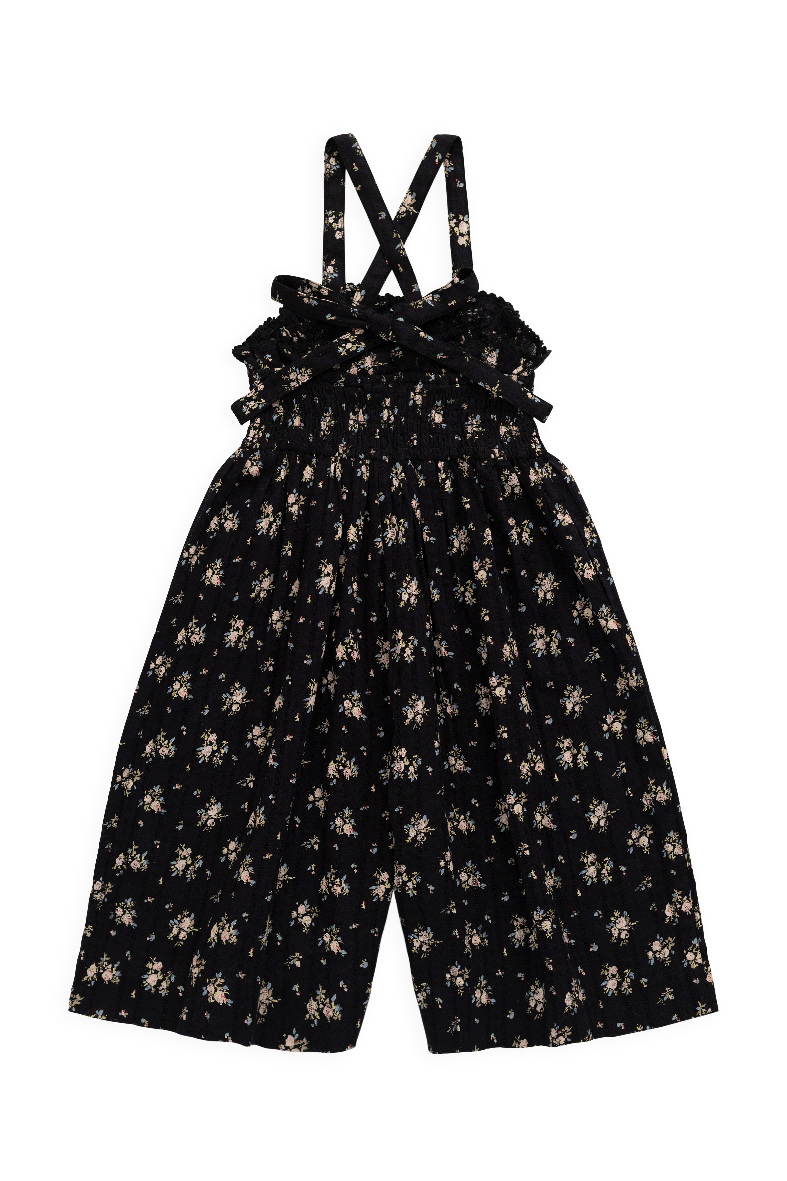 Combinaison noire en coton bio à imprimé floral vintage avec buste smocké et jambes larges