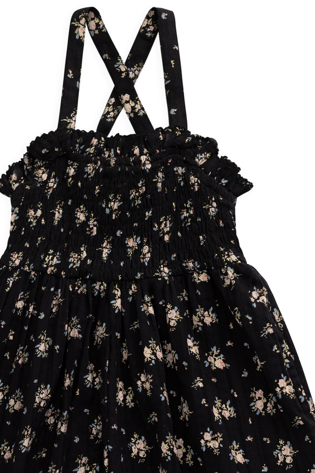 Combinaison noire en coton bio à imprimé floral vintage avec buste smocké et jambes larges