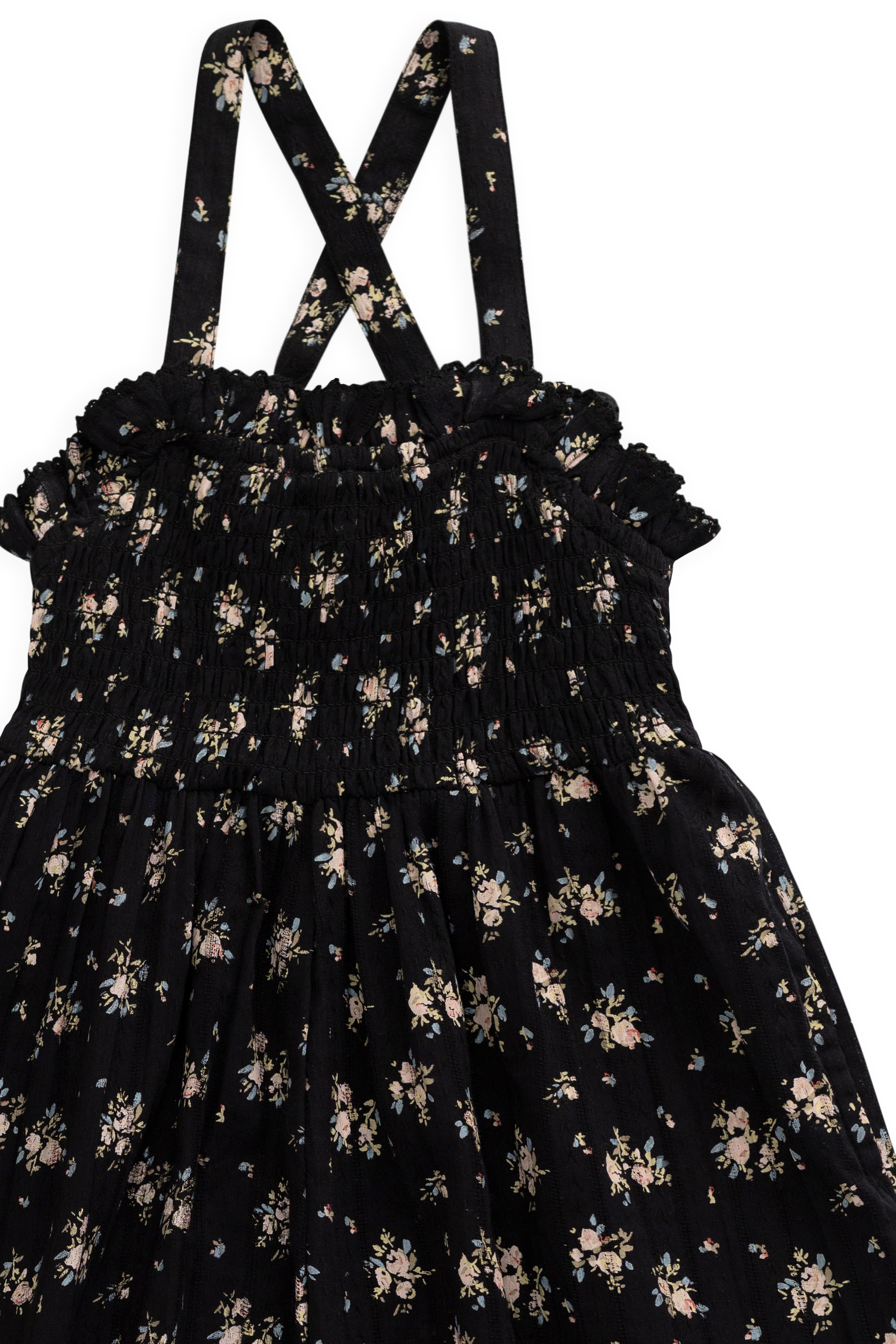 Combinaison noire en coton bio à imprimé floral vintage avec buste smocké et jambes larges