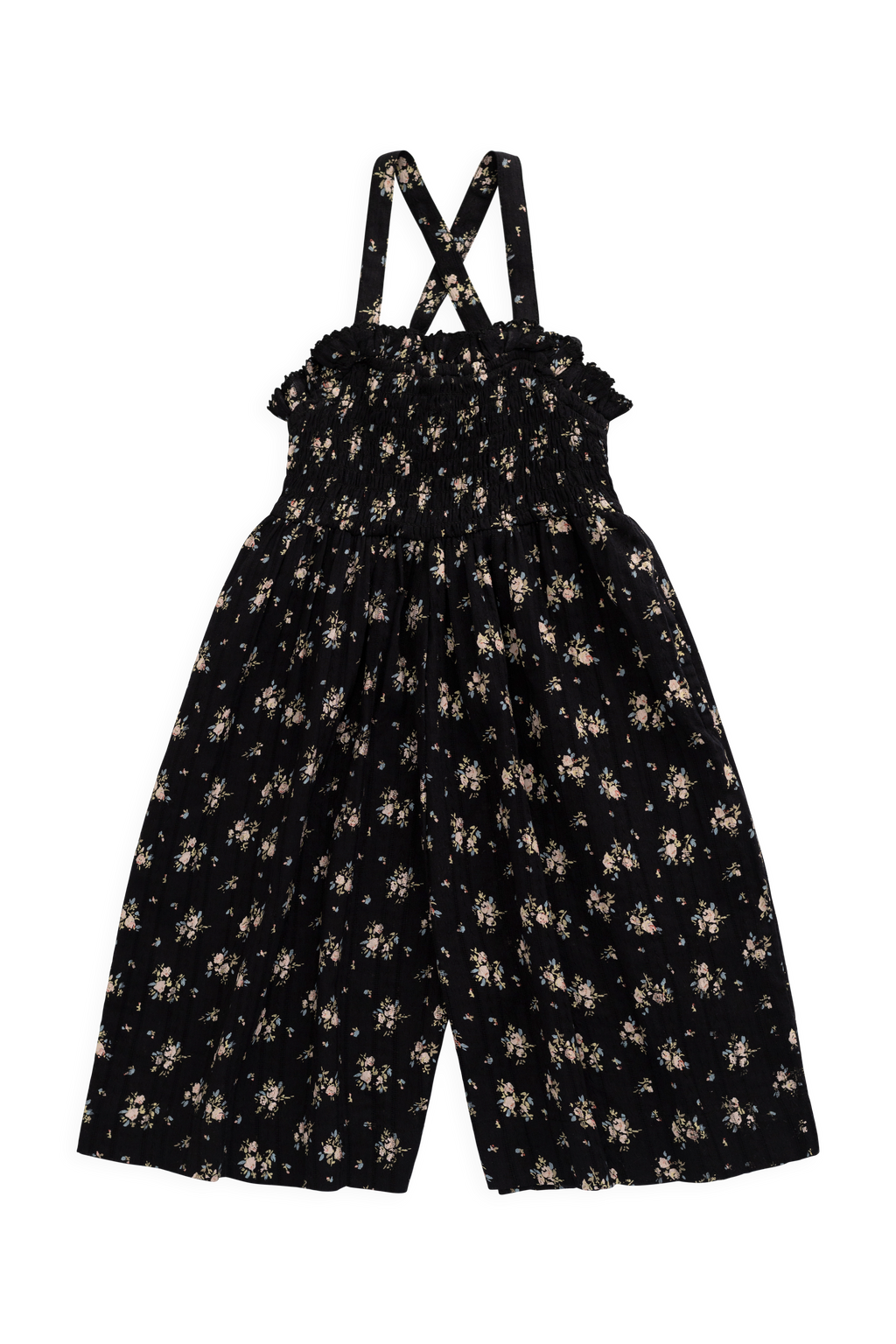 Combinaison noire en coton bio à imprimé floral vintage avec buste smocké et jambes larges