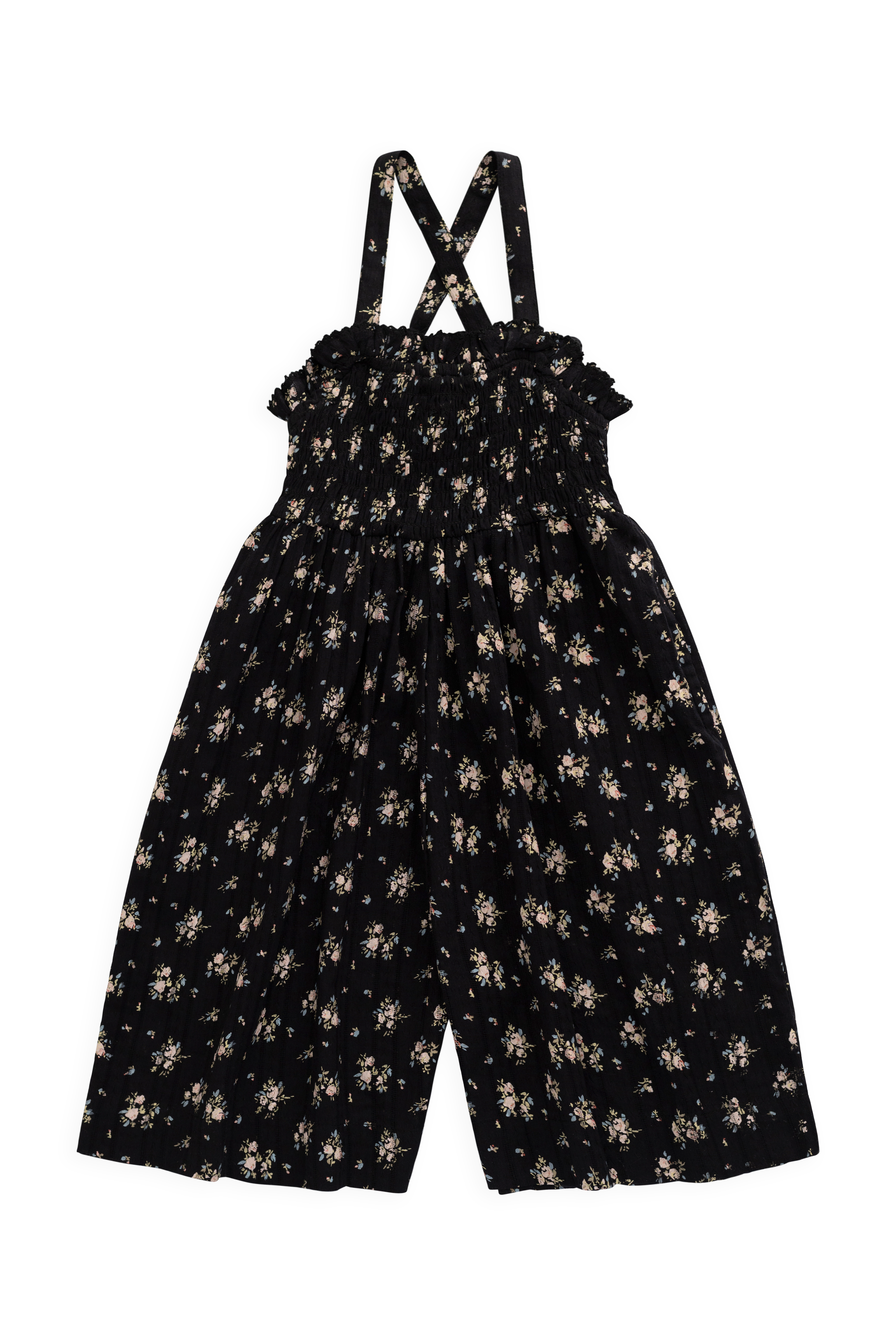 Combinaison noire en coton bio à imprimé floral vintage avec buste smocké et jambes larges