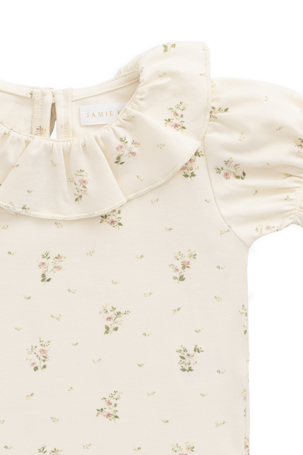 Haut en coton biologique blanc à imprimé floral vintage avec col à volants et manches bouffantes