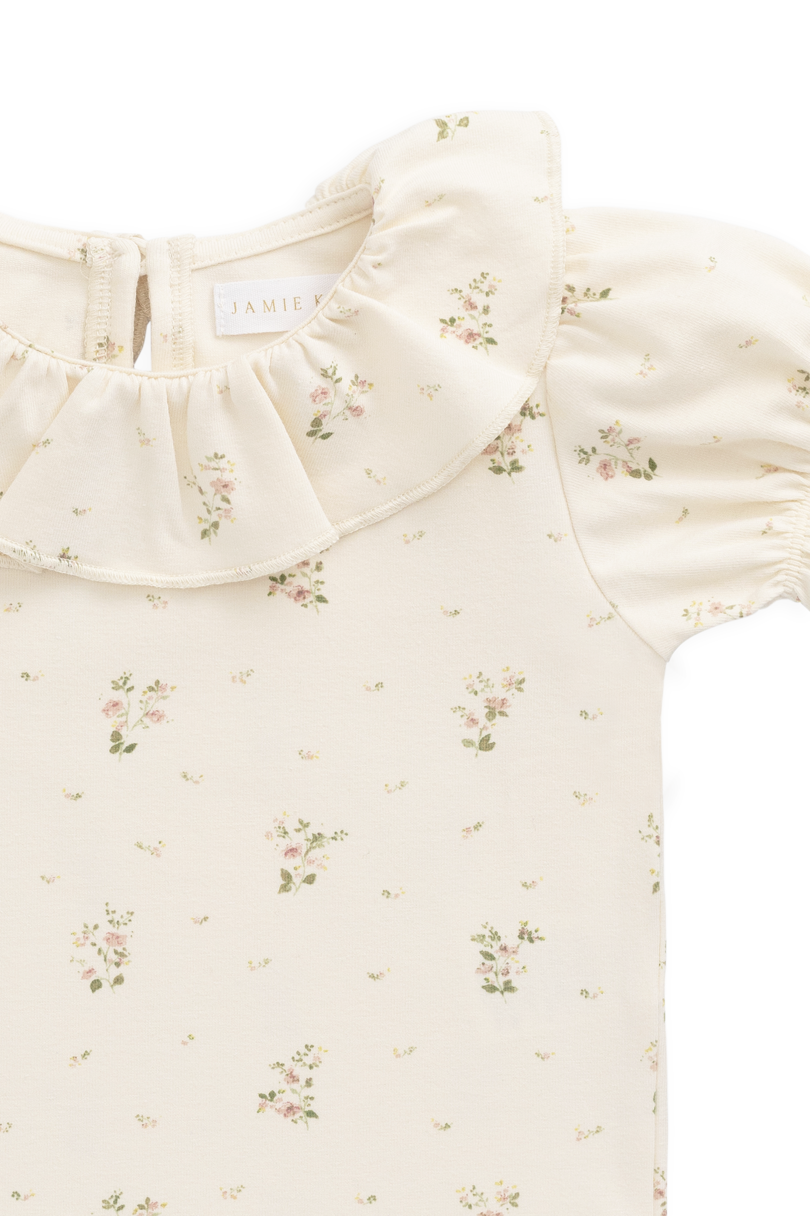 Haut en coton biologique blanc à imprimé floral vintage avec col à volants et manches bouffantes