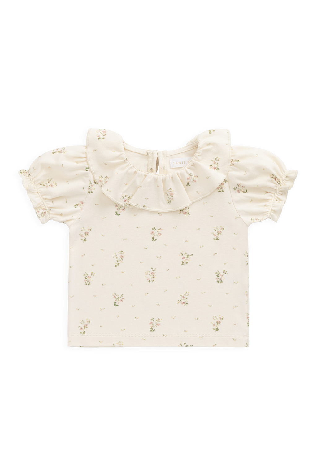 Haut en coton biologique blanc à imprimé floral vintage avec col à volants et manches bouffantes