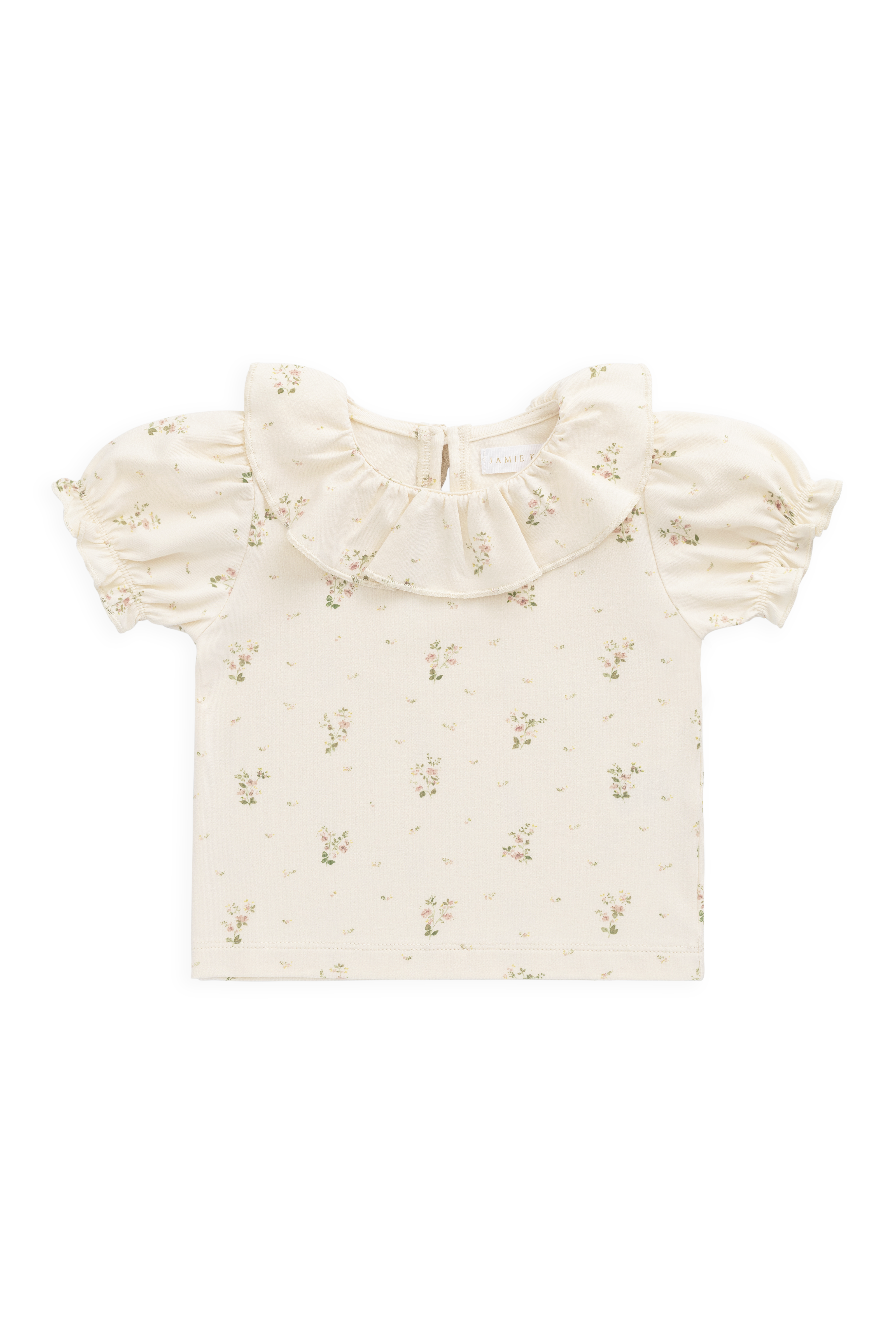 Haut en coton biologique blanc à imprimé floral vintage avec col à volants et manches bouffantes