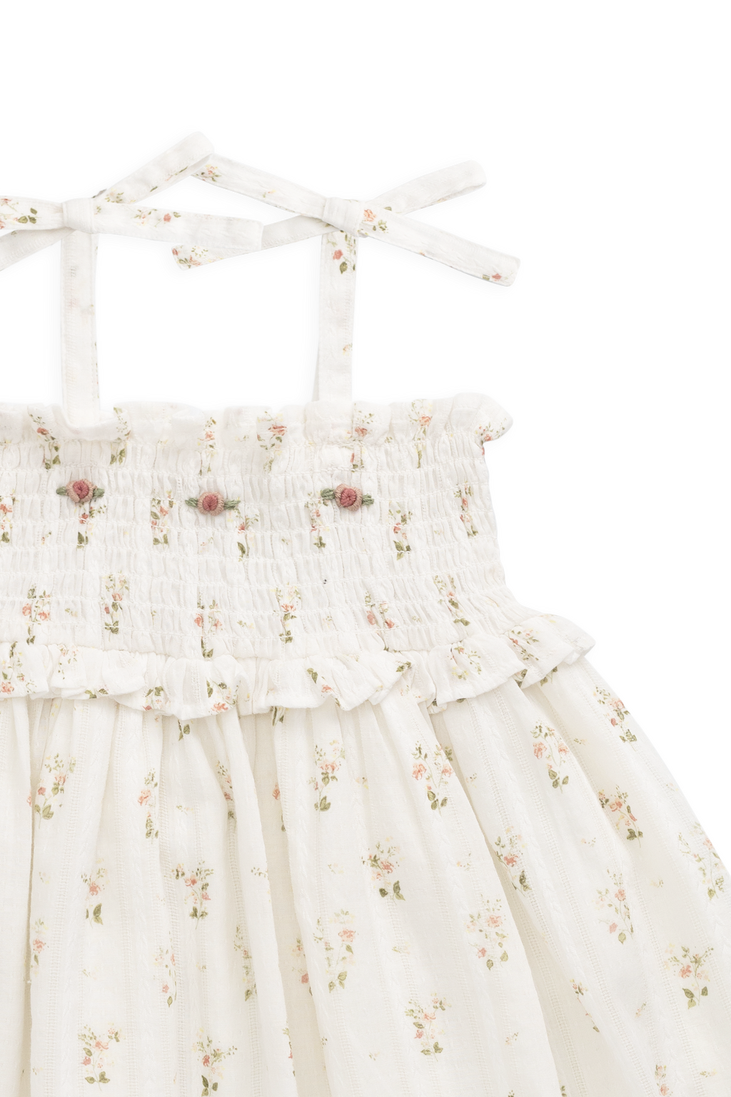 Robe vintage en coton biologique blanc à fleurs avec corsage smocké et bretelles à nouer