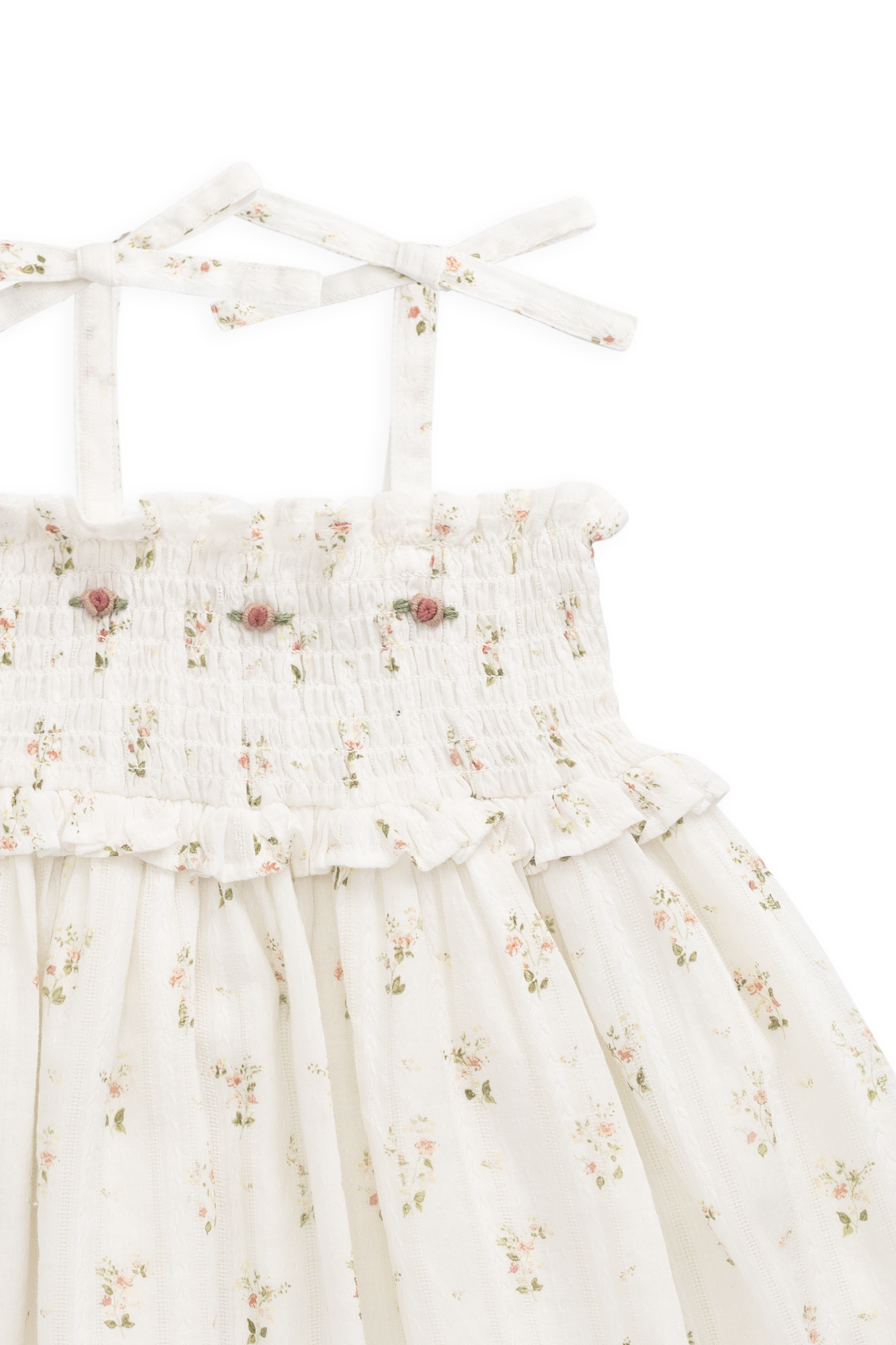 Robe vintage en coton biologique blanc à fleurs avec corsage smocké et bretelles à nouer