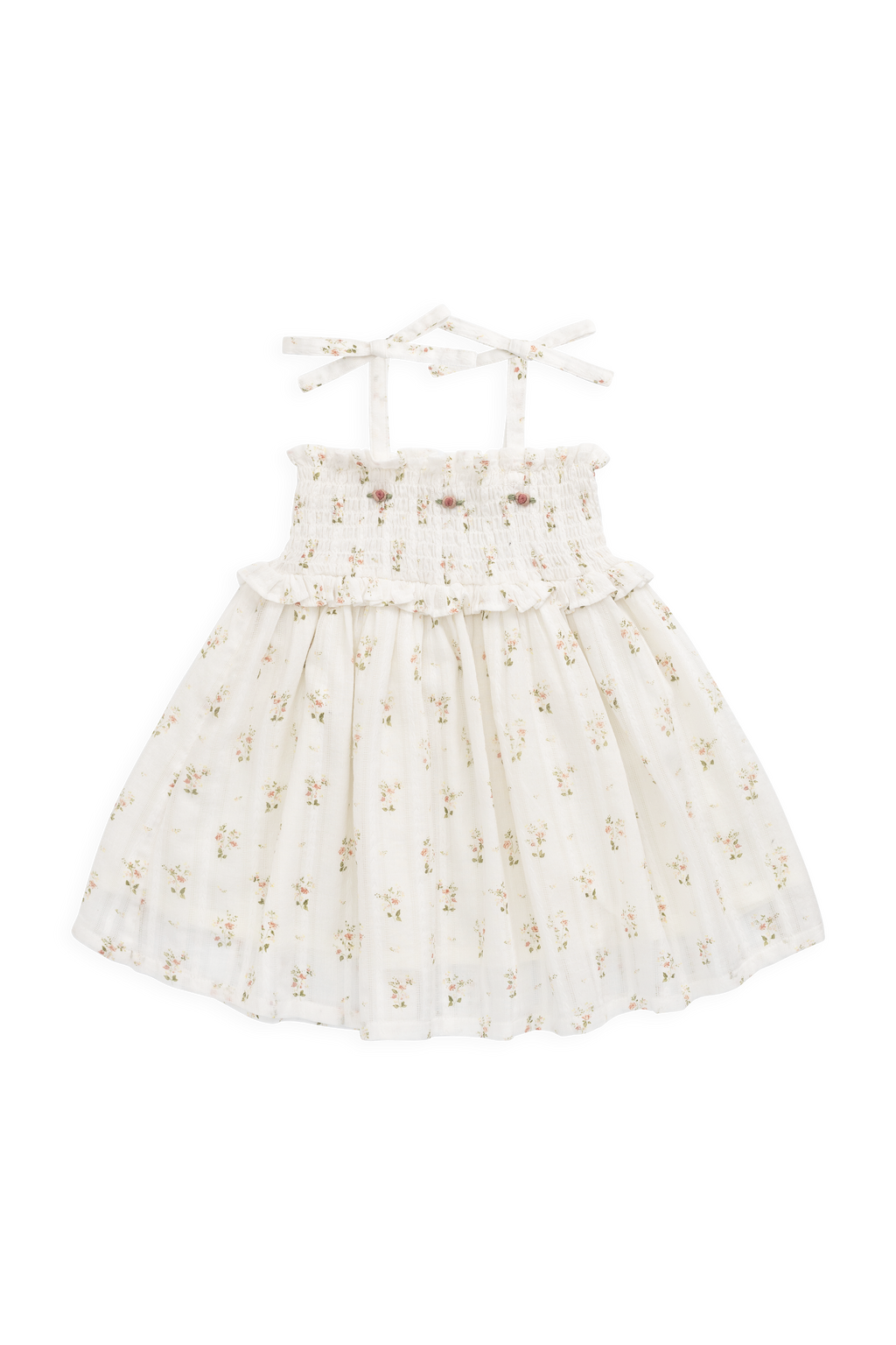 Robe vintage en coton biologique blanc à fleurs avec corsage smocké et bretelles à nouer