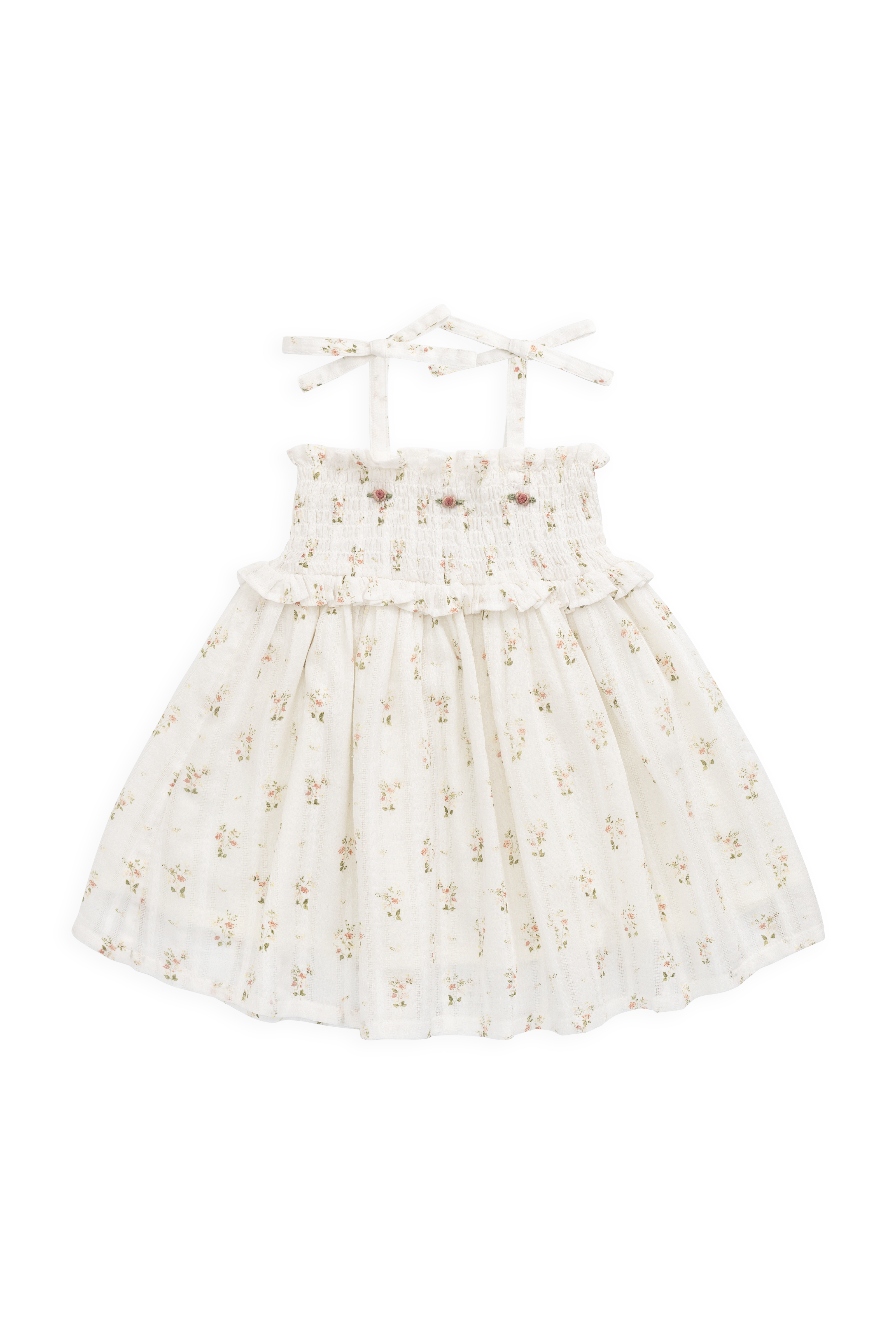 Robe vintage en coton biologique blanc à fleurs avec corsage smocké et bretelles à nouer