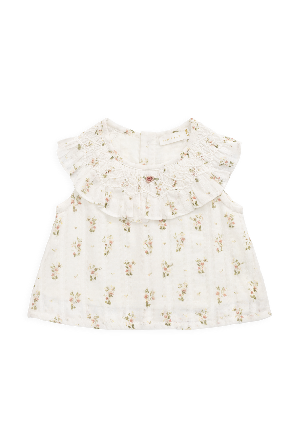 Haut en coton biologique blanc à imprimé floral vintage avec encolure à volants et manches courtes.